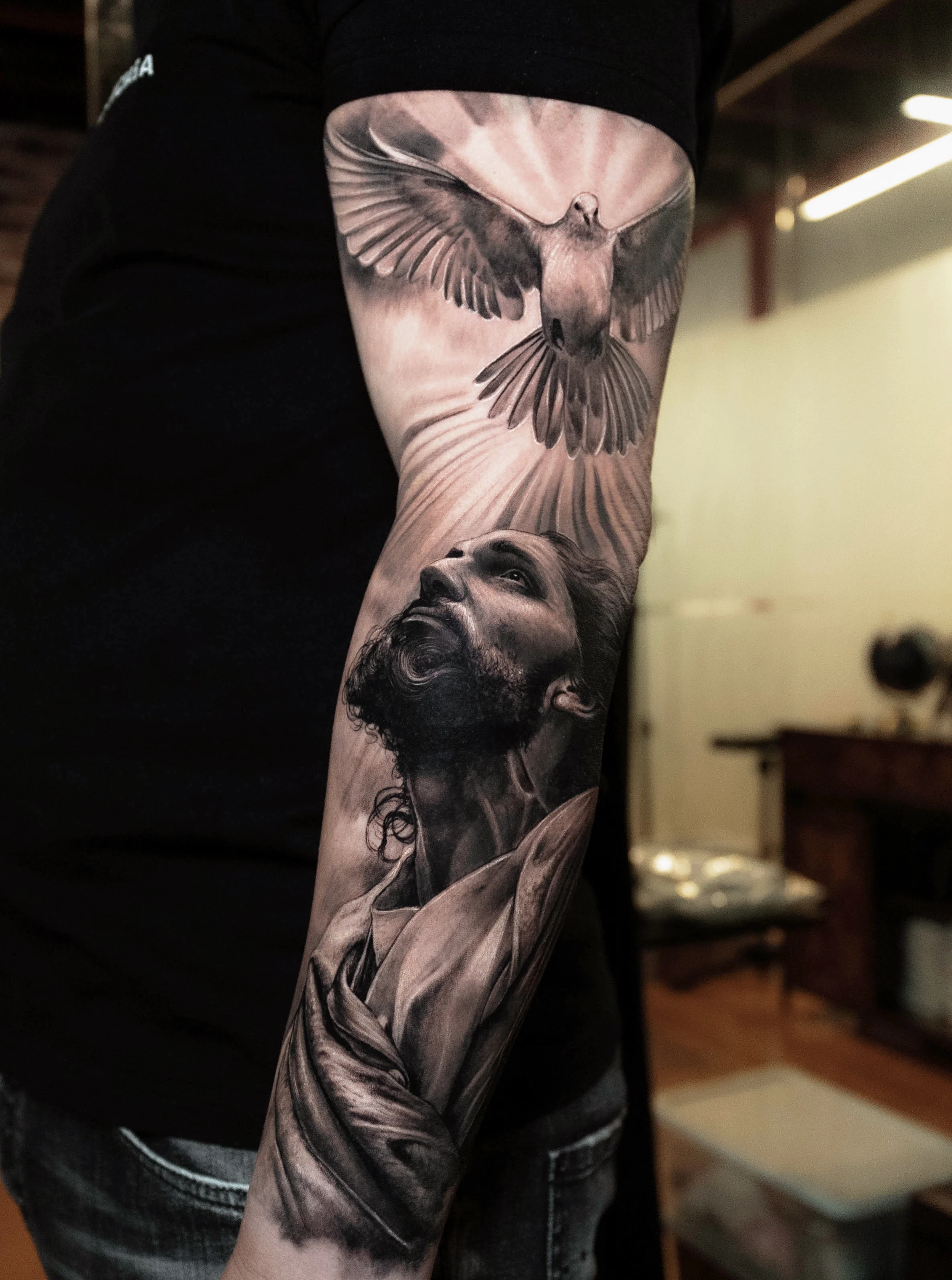 Black & Gray Realism tattoo by Yomico Moreno: jesus, dove, rays of light, religious