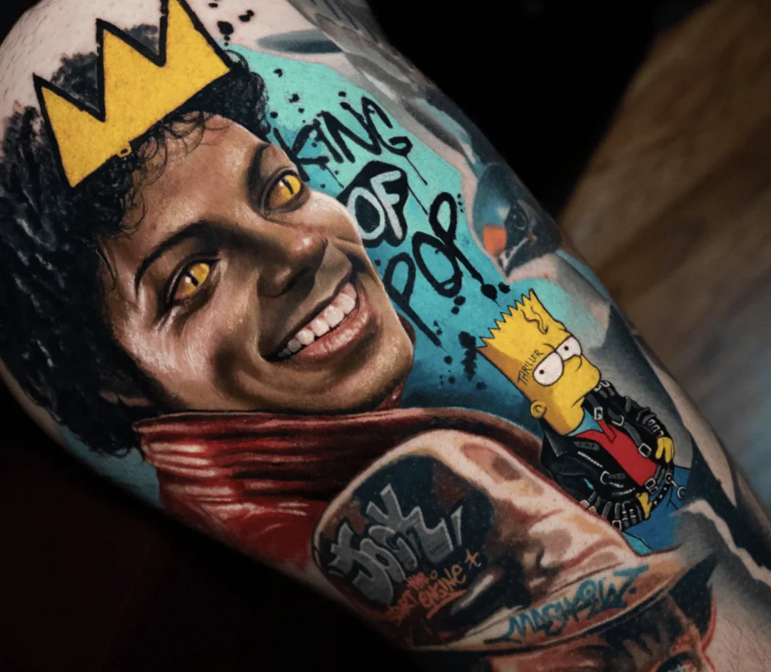Color Realism tattoo by Yomico Moreno: portrait of michael jackson, yellow crown, bart simpson, graffiti text