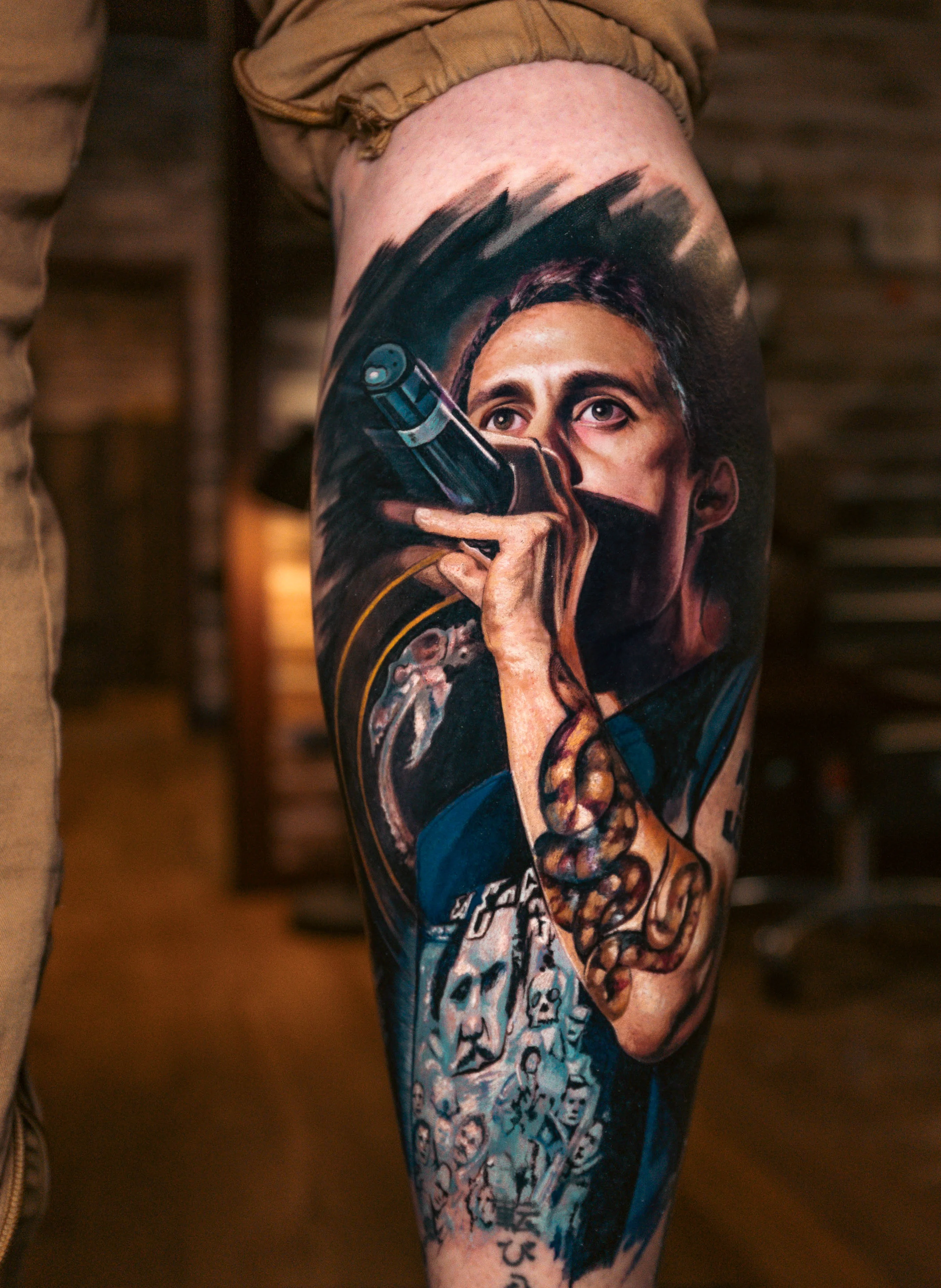Color Realism tattoo by Yomico Moreno: man, microphone, tattoo sleeve, portrait