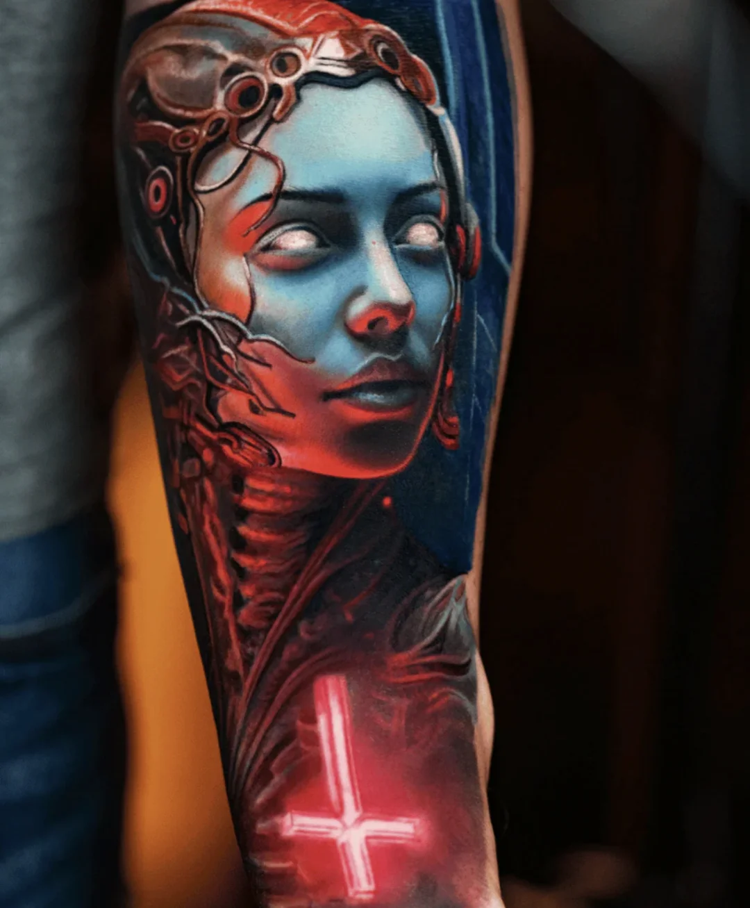 Biomechanical tattoo by Yomico Moreno: woman, cyborg, mechanical parts, eyes