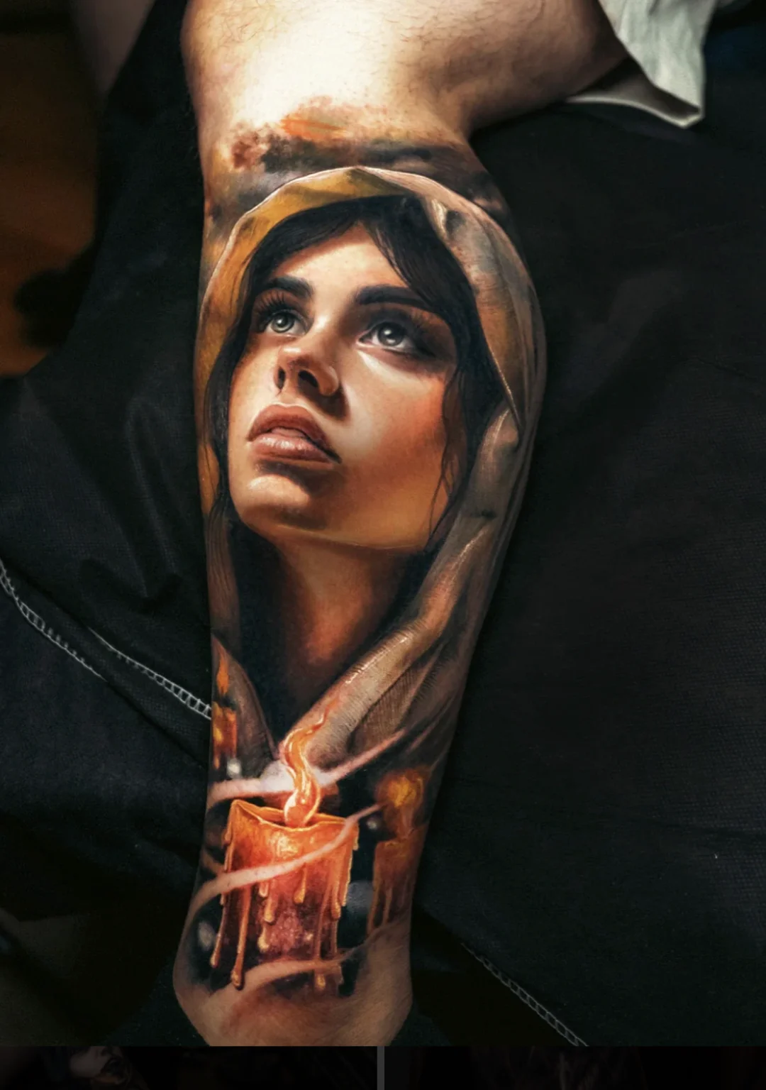 Color Realism tattoo by Yomico Moreno: woman, face, hood, candle