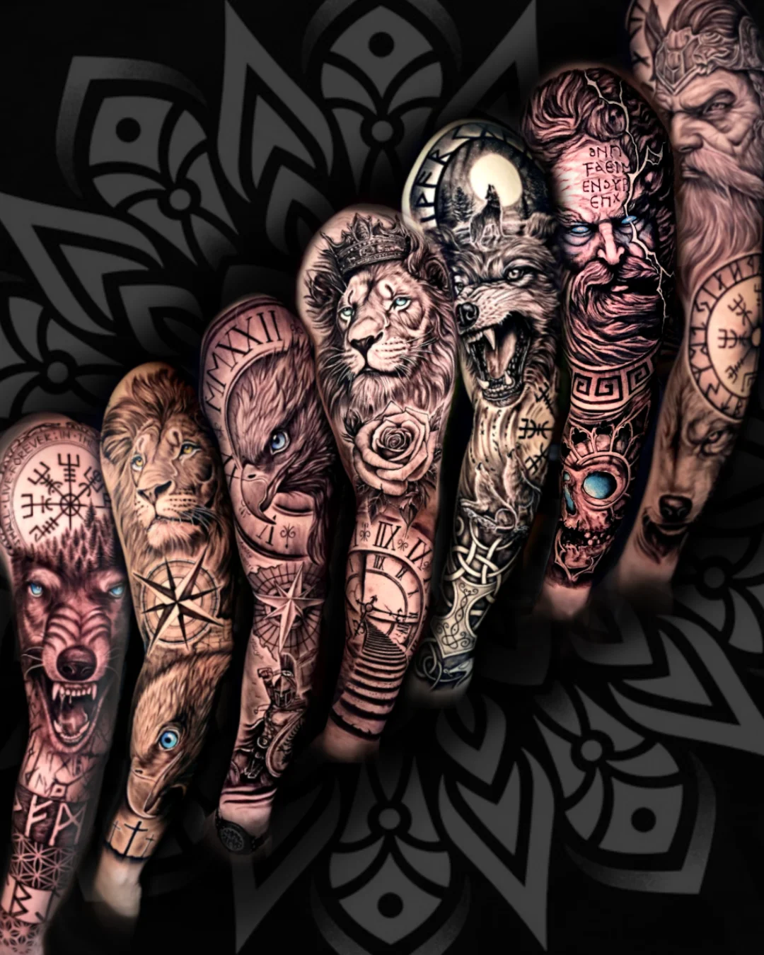 Black & Gray Realism tattoo by TOAD: wolf, lion, rose, compass