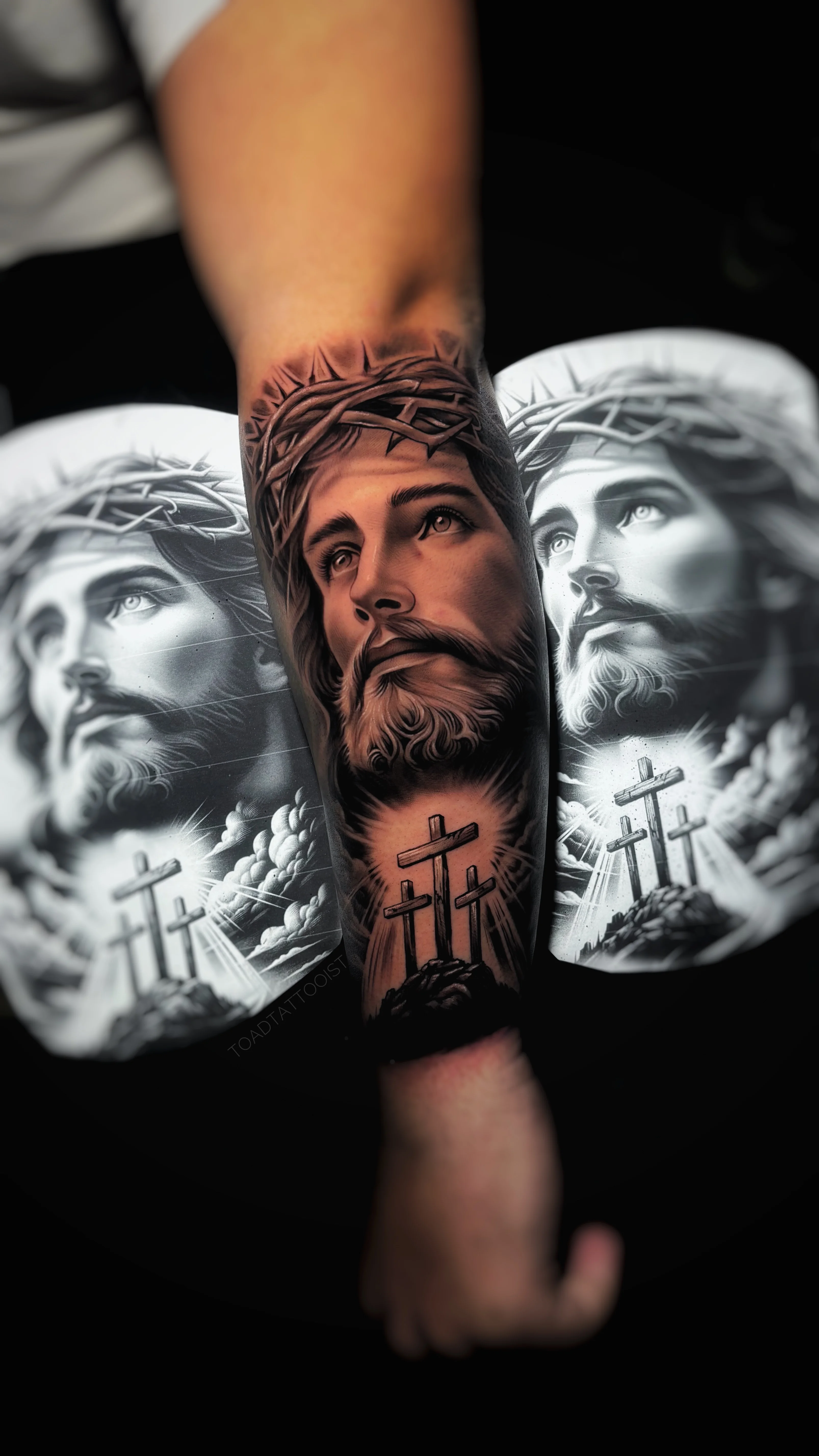 Realistic Jesus Forearm Portrait: jesus, crown of thorns, three crosses, religious, spiritual, realistic