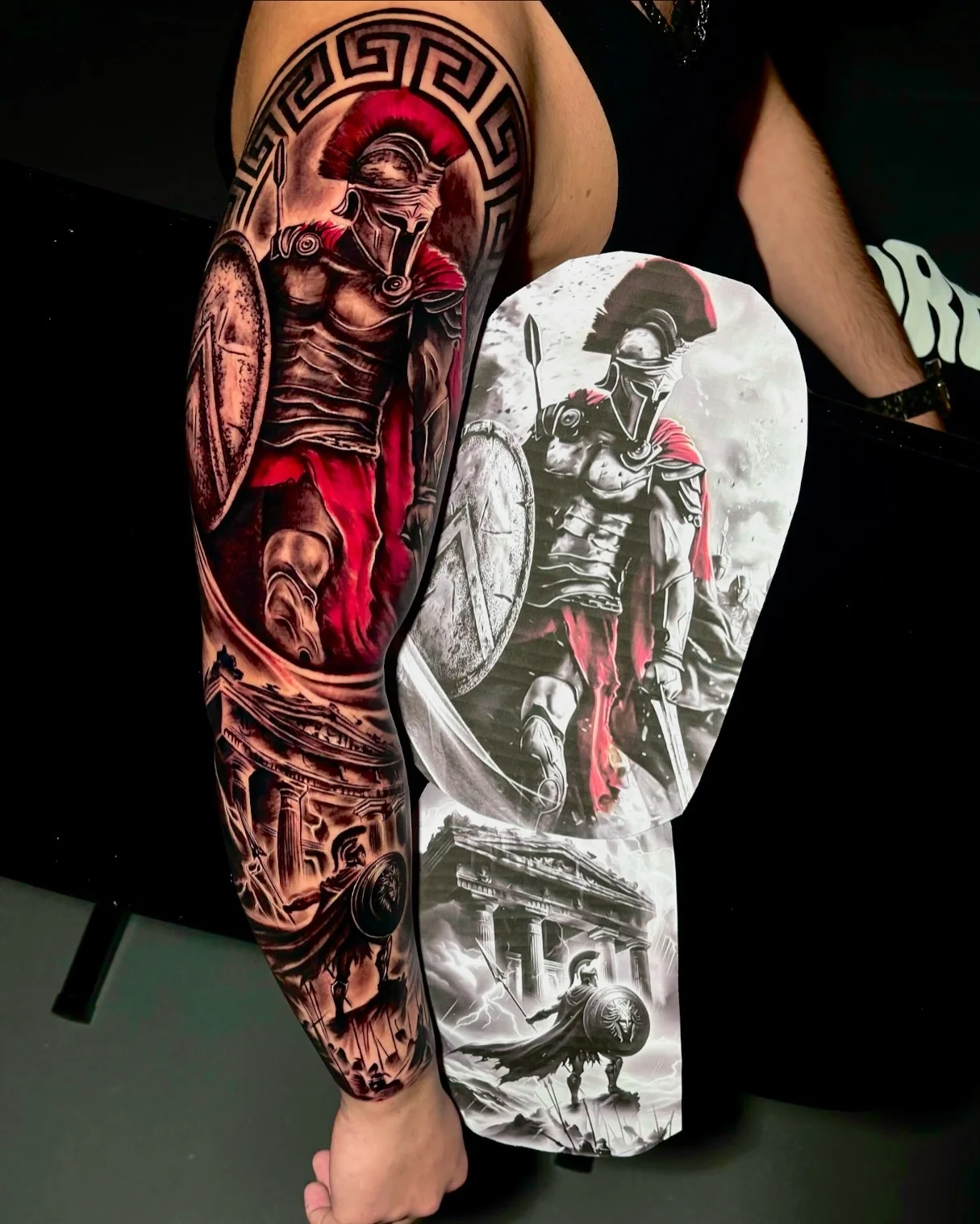 Black & Gray Realism tattoo by TOAD: spartan warrior, helmet, shield, spear
