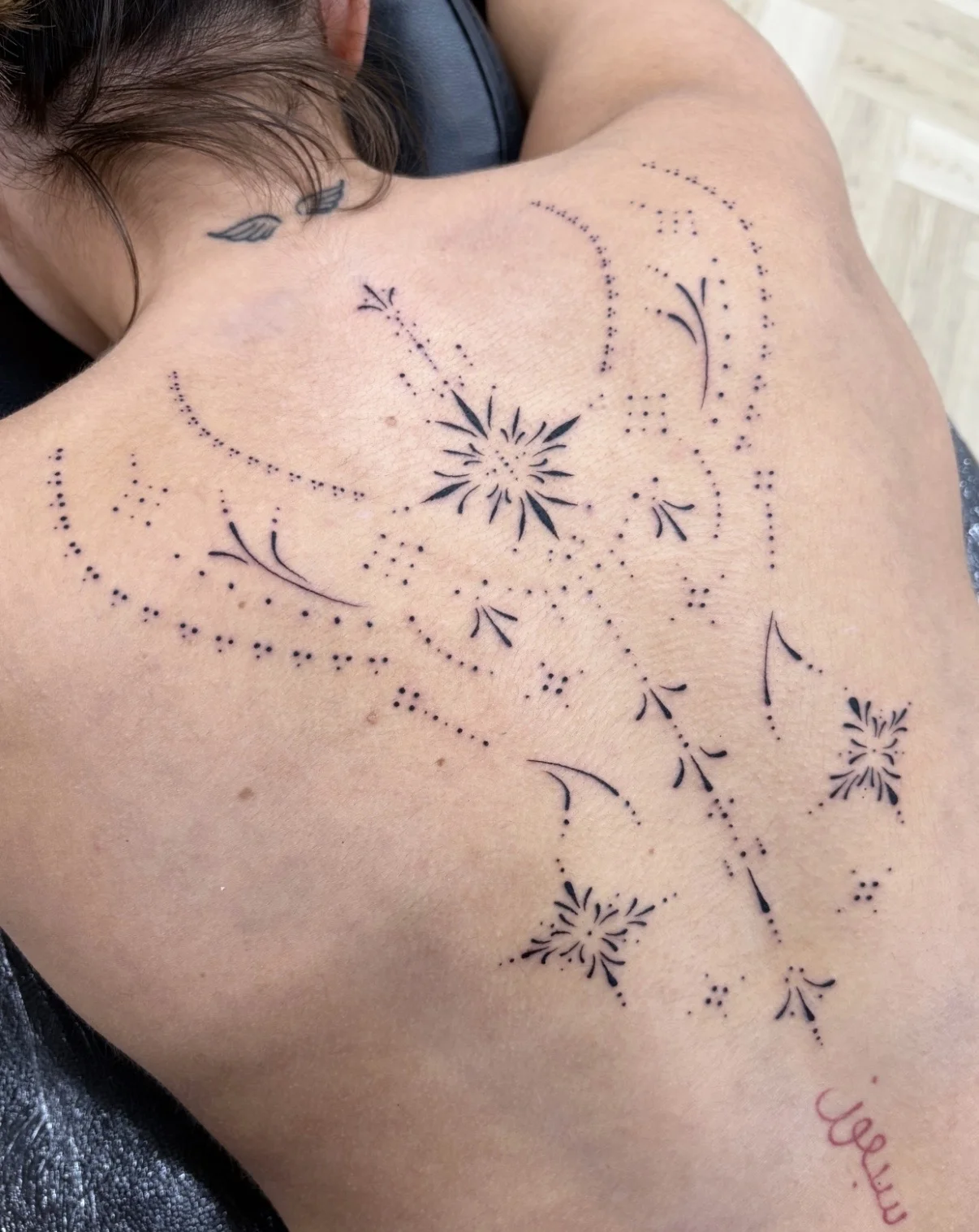 Fine Line tattoo by Aliye Gaygusuz: floral, dots, leaves, branches