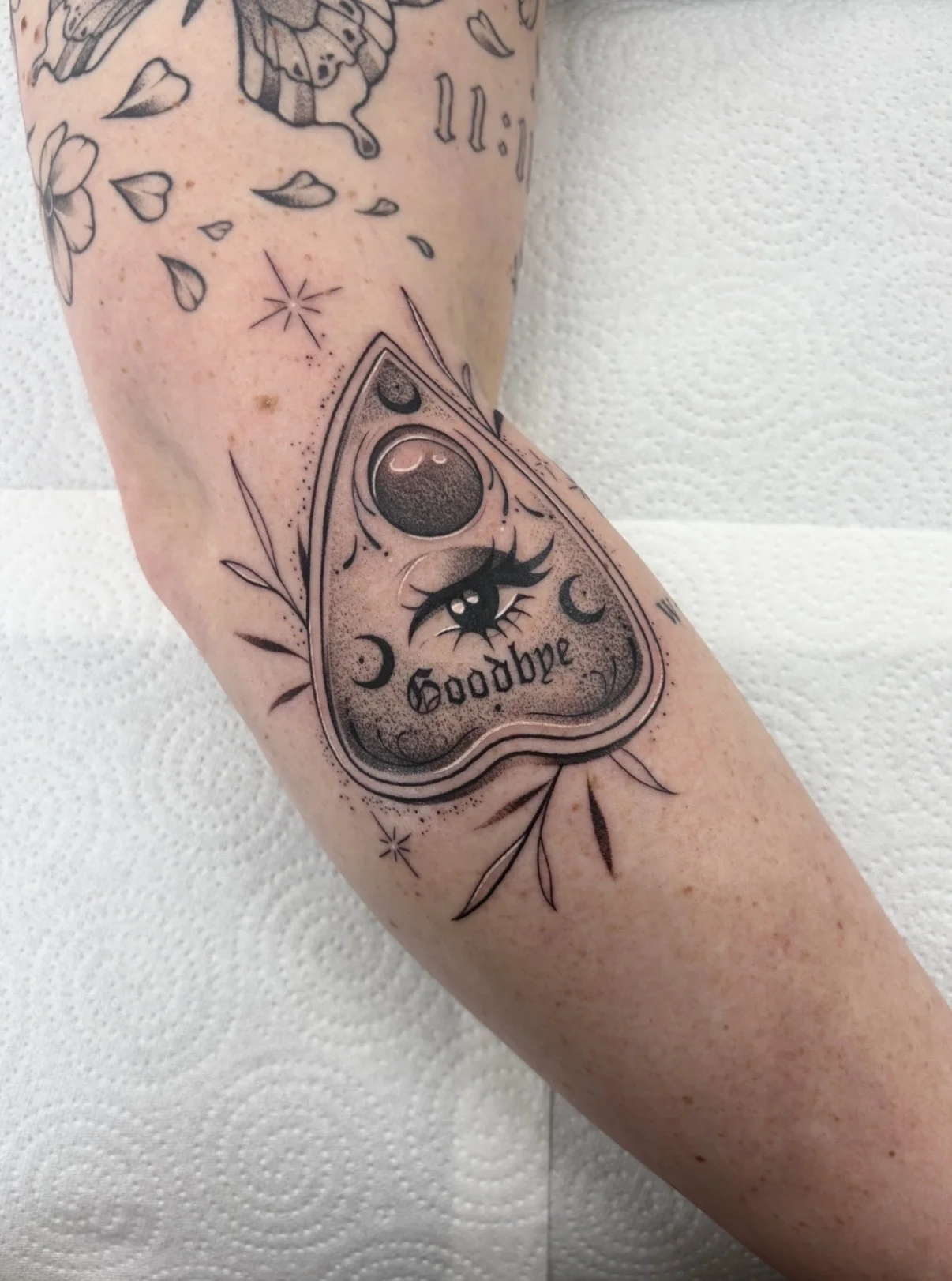 Black & Gray Realism tattoo by Aliye Gaygusuz: planchette, eye, crescent moon, stars