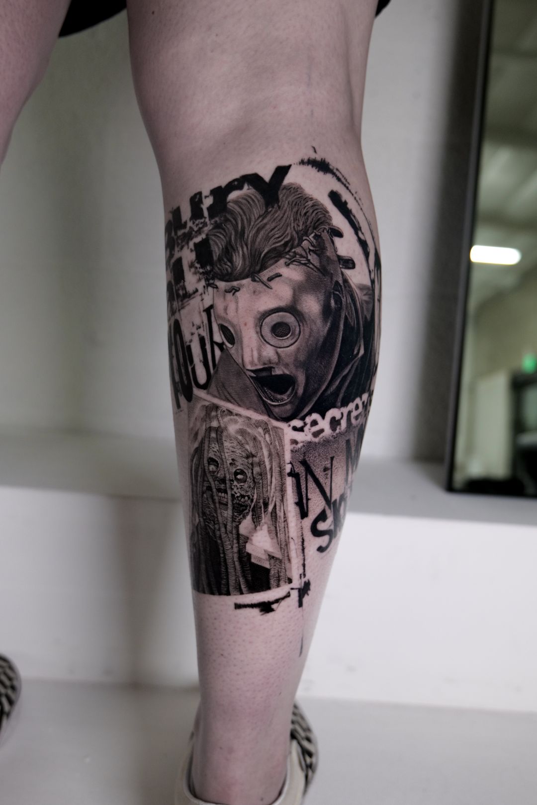 Black & Gray Realism tattoo by Sherri Anne Austria: masked face, portrait, text, grayscale figure