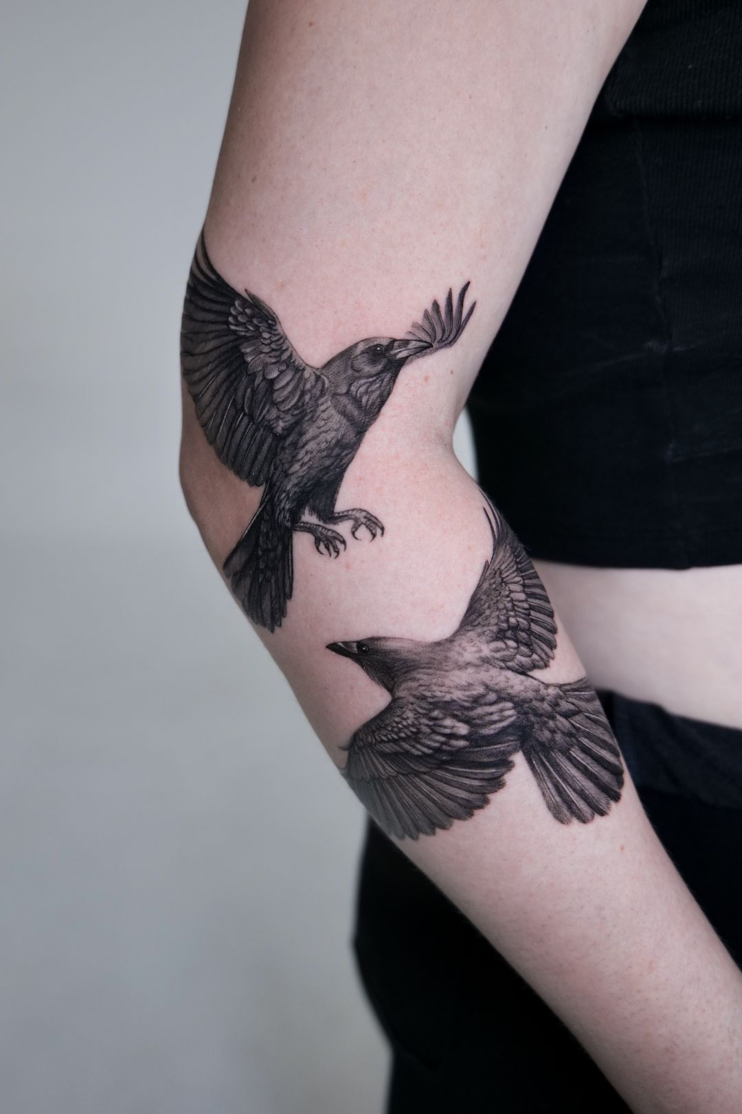 Black & Gray Realism tattoo by Sherri Anne Austria: bird, crow, raven, wing