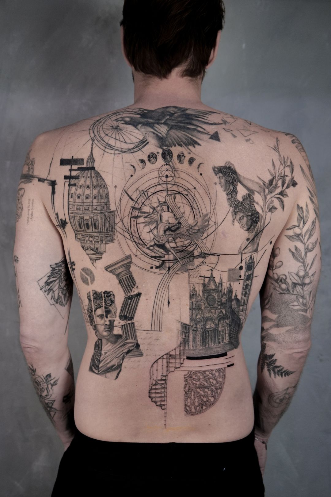 Surreal Black & Grey Full Back: bird, architectural dome, classical statue head, roman columns, cathedral, spiral staircase