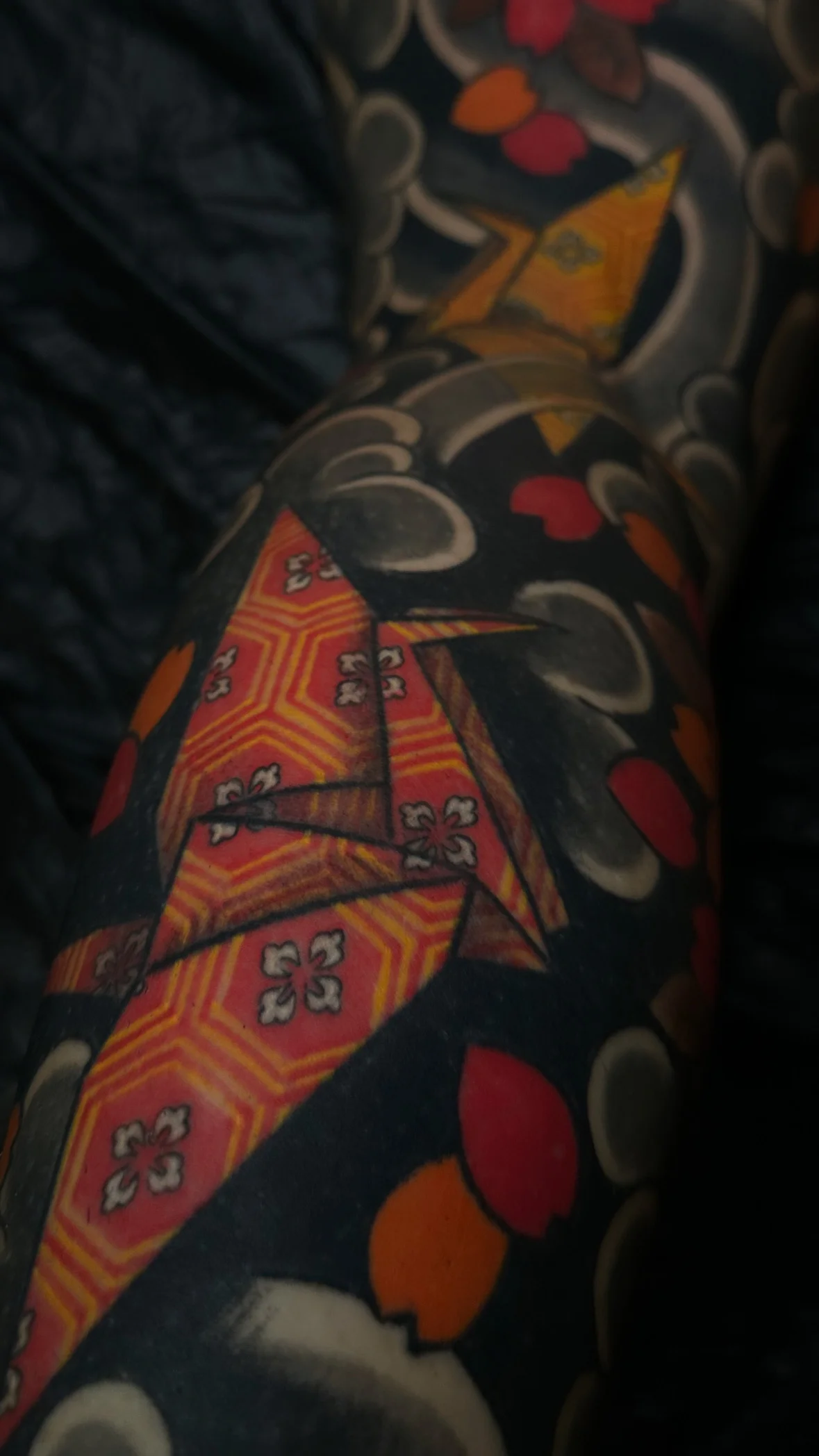 Japanese tattoo by Alessio Ventimiglia: koi fish, waves, leaves, nature