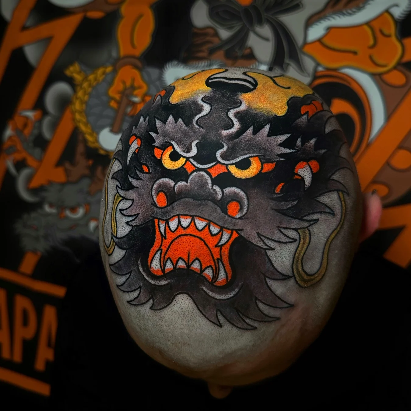 Japanese tattoo by Alessio Ventimiglia: foo dog, lion dog, mythical creature, mythology