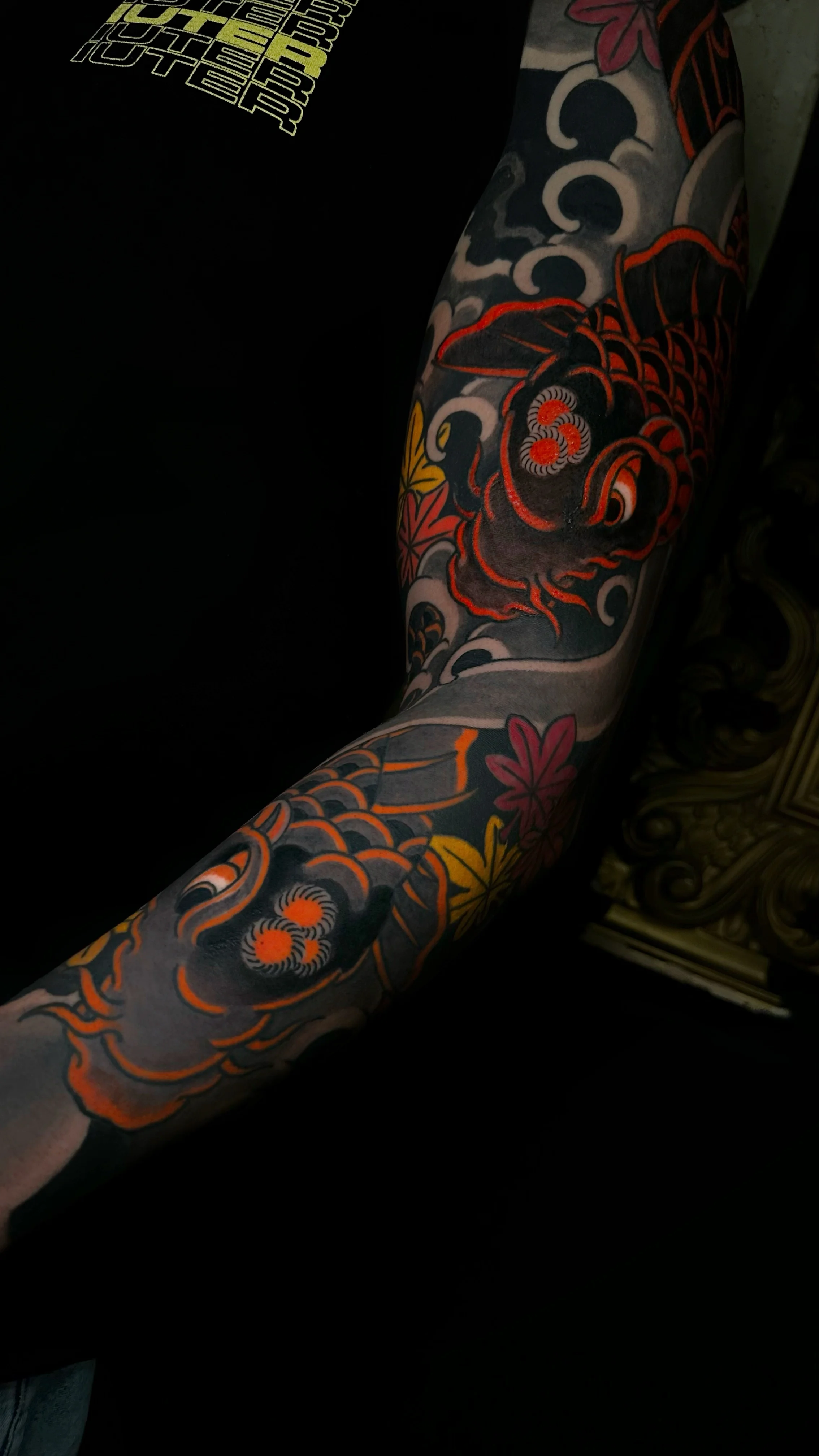 Japanese tattoo by Alessio Ventimiglia: koi fish, waves, maple leaves, nature