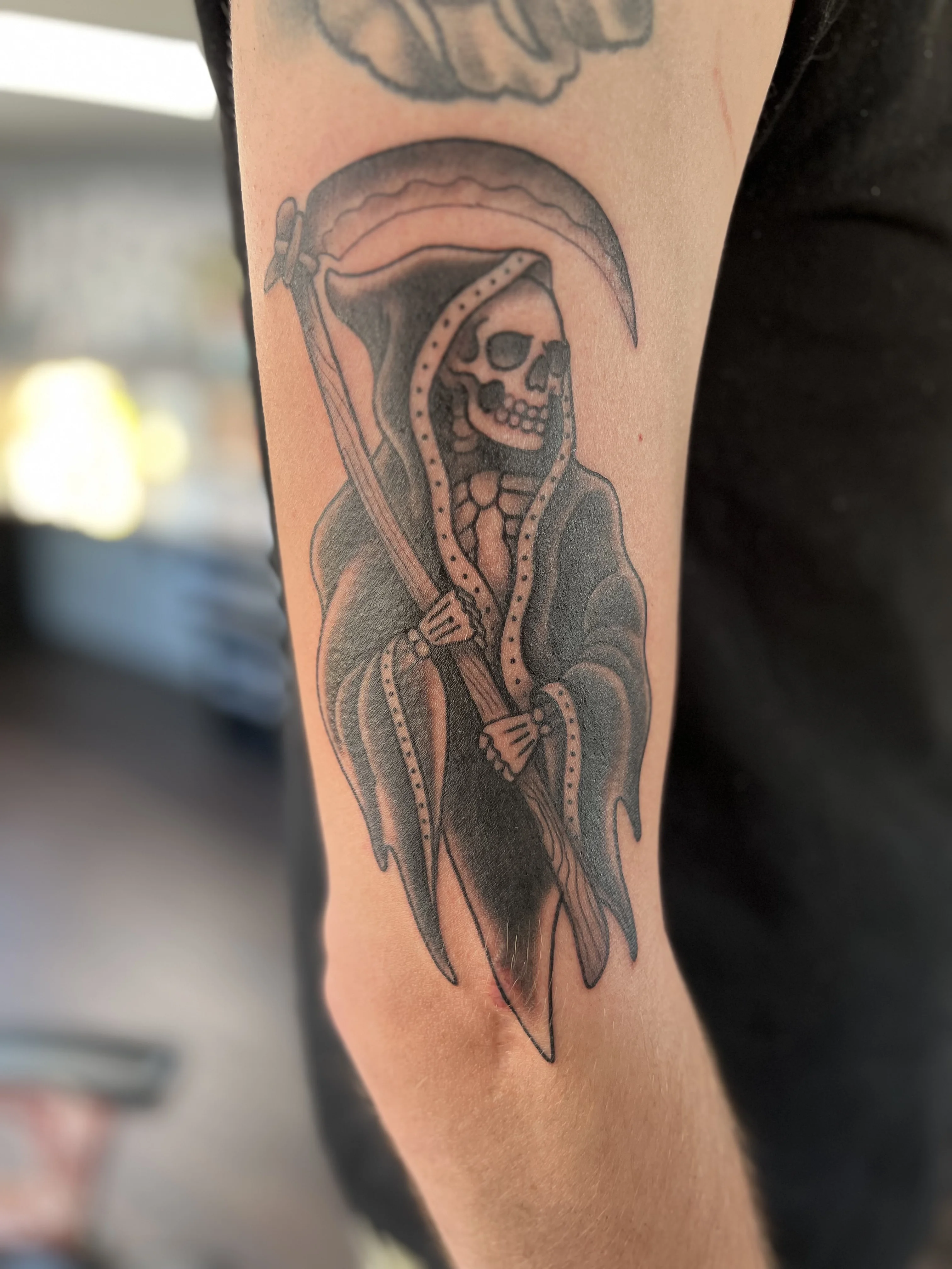 Grim Reaper Upper Arm: grim reaper, skull, scythe, skeleton hands, cloak, death
