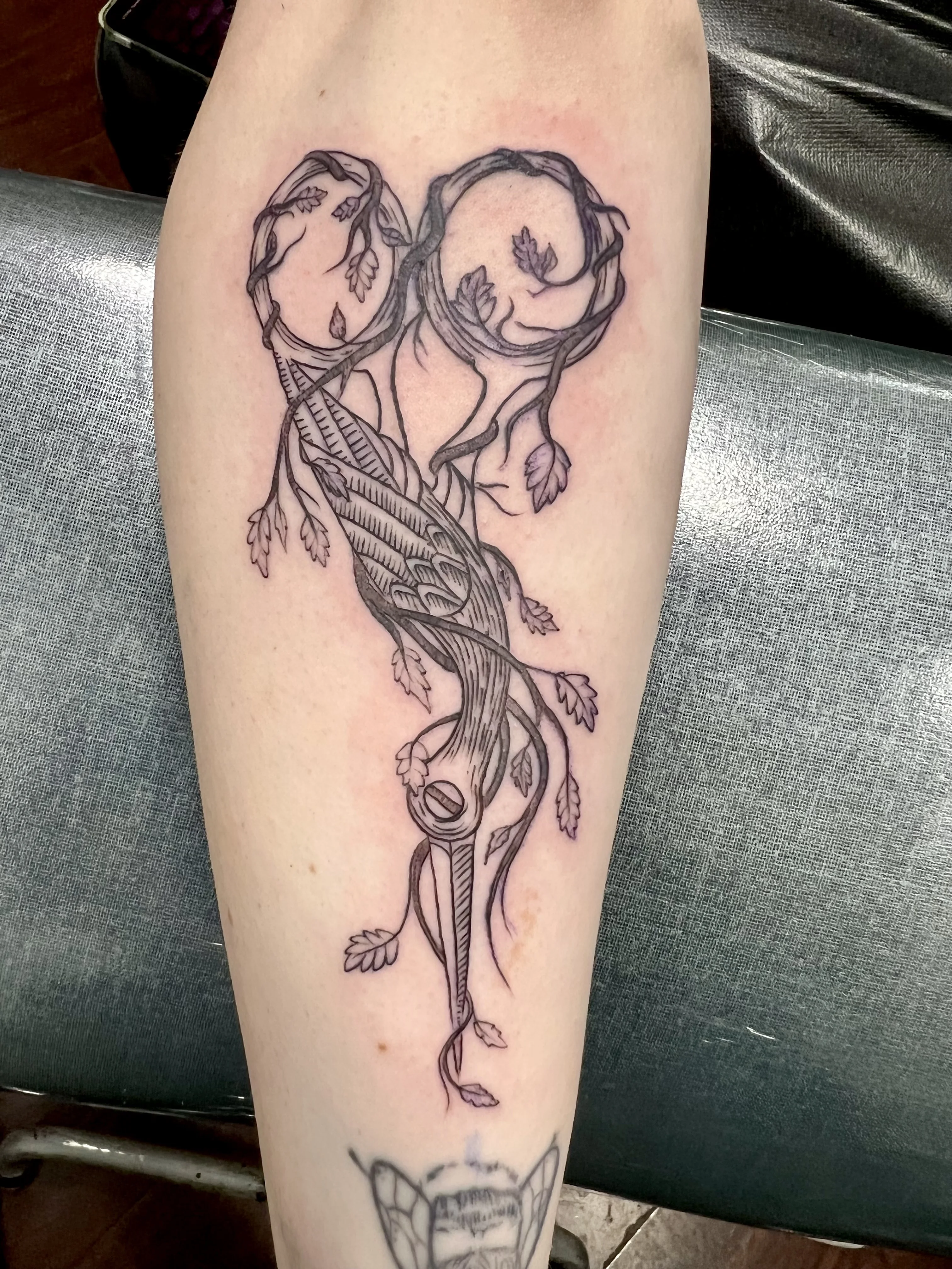 Fine Line tattoo by Justin Wilson: bird, leaves, branches, vines