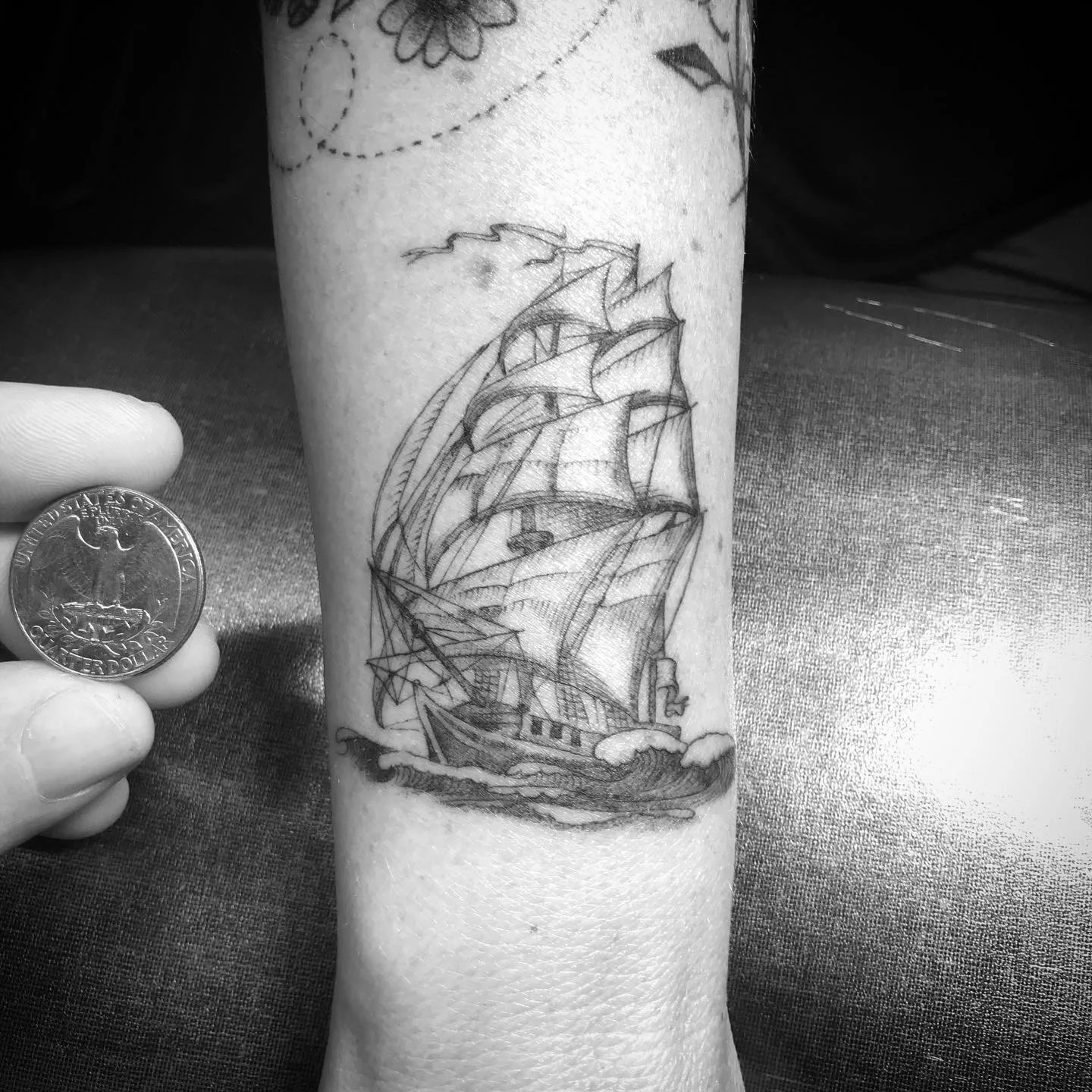 Fine Line Sailing Ship Forearm: sailing ship, ocean waves, nautical, nature, travel, adventure