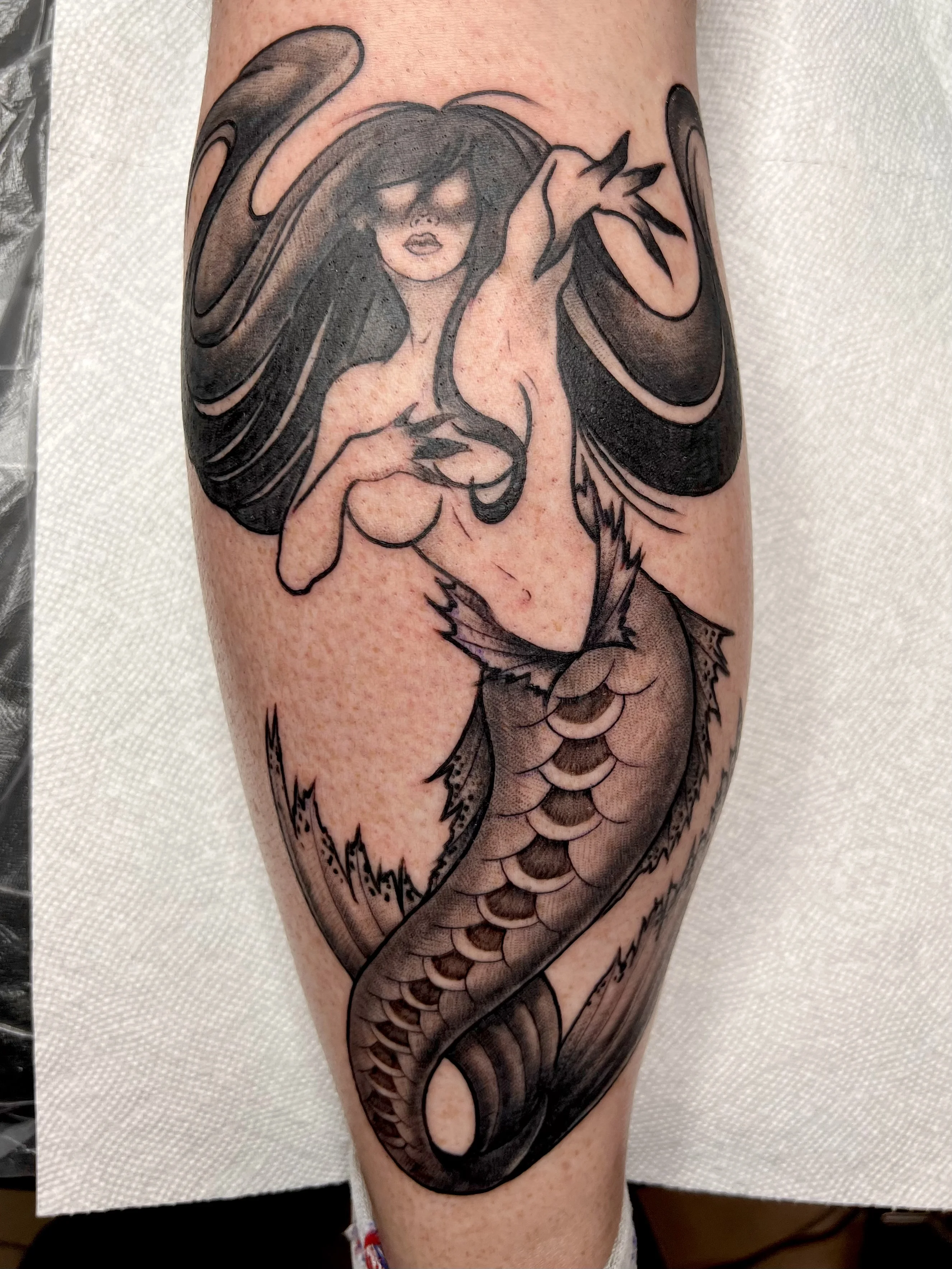 Dark Mermaid Black & Grey Calf: mermaid, woman, long hair, mythology, fantasy, nature