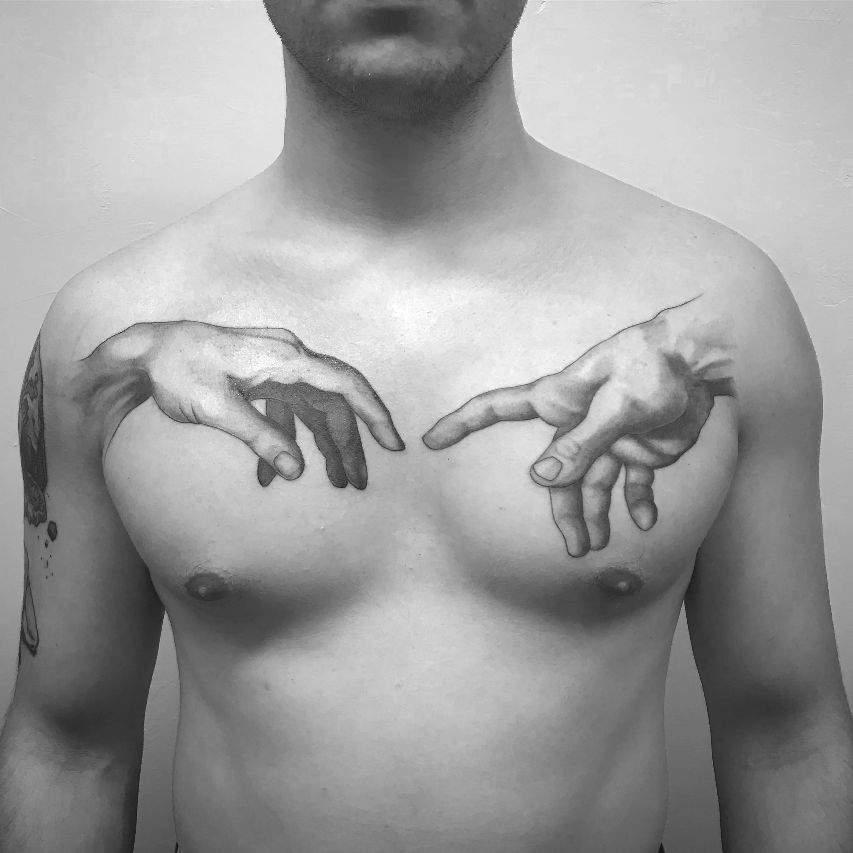 Black & Gray Realism tattoo by Justin Wilson: hand, fingers, religious, spiritual