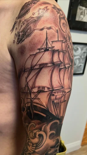 Sailing Ship Black & Grey Half Sleeve