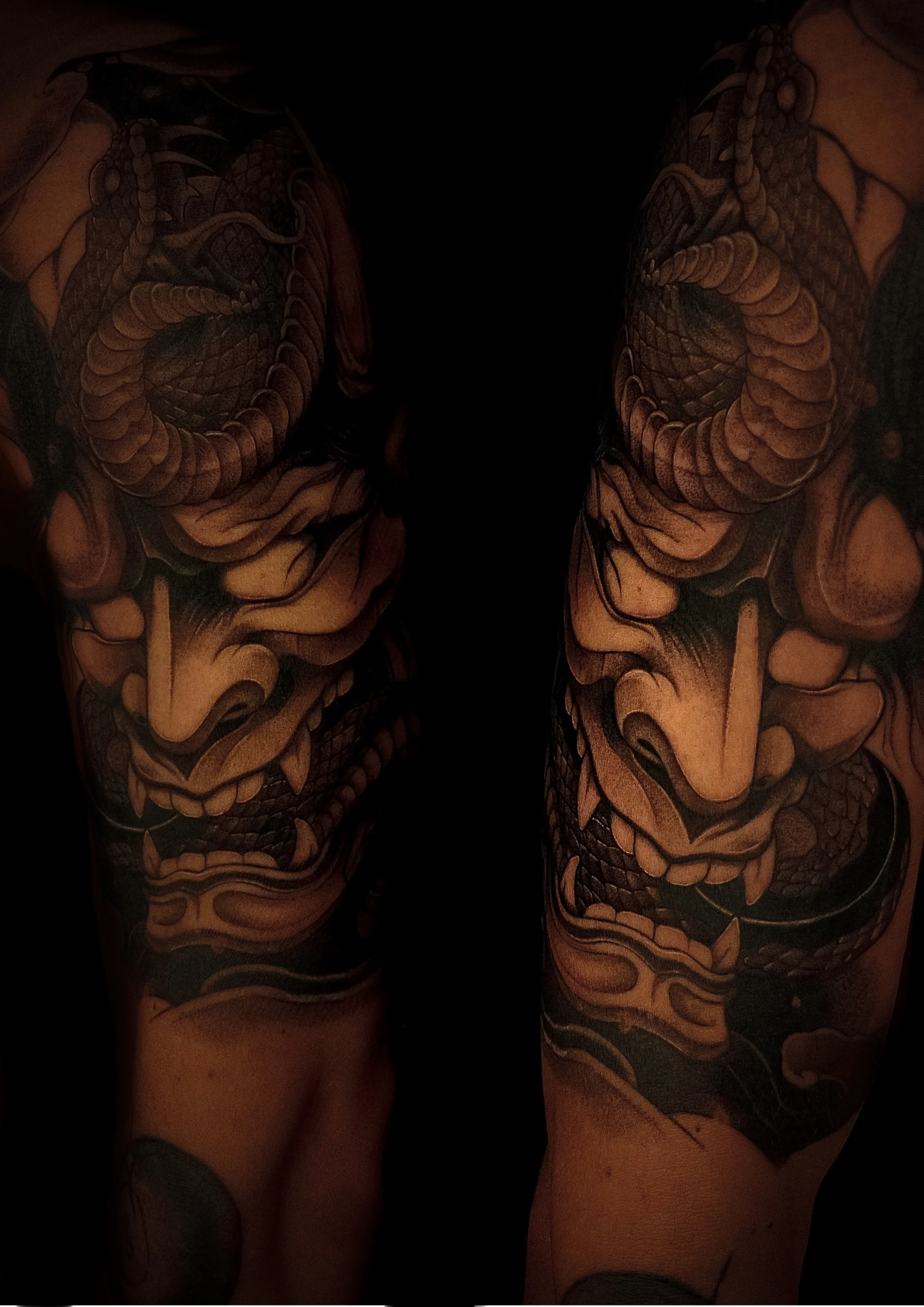 Japanese tattoo by tattoo.naz777: demon mask, horns, snake, fangs