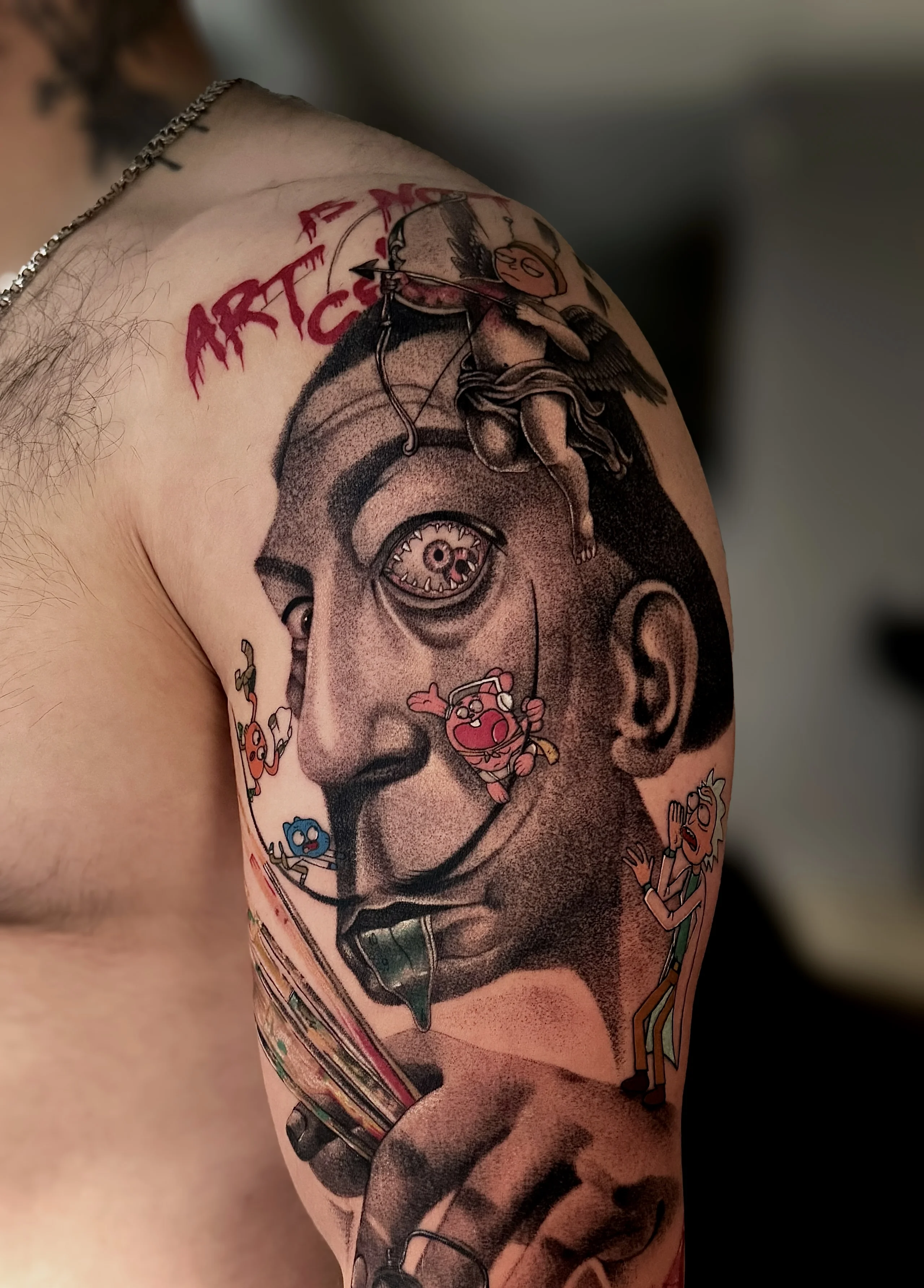 Surrealism tattoo by tattoo.naz777: male face, eye, angel, syringe