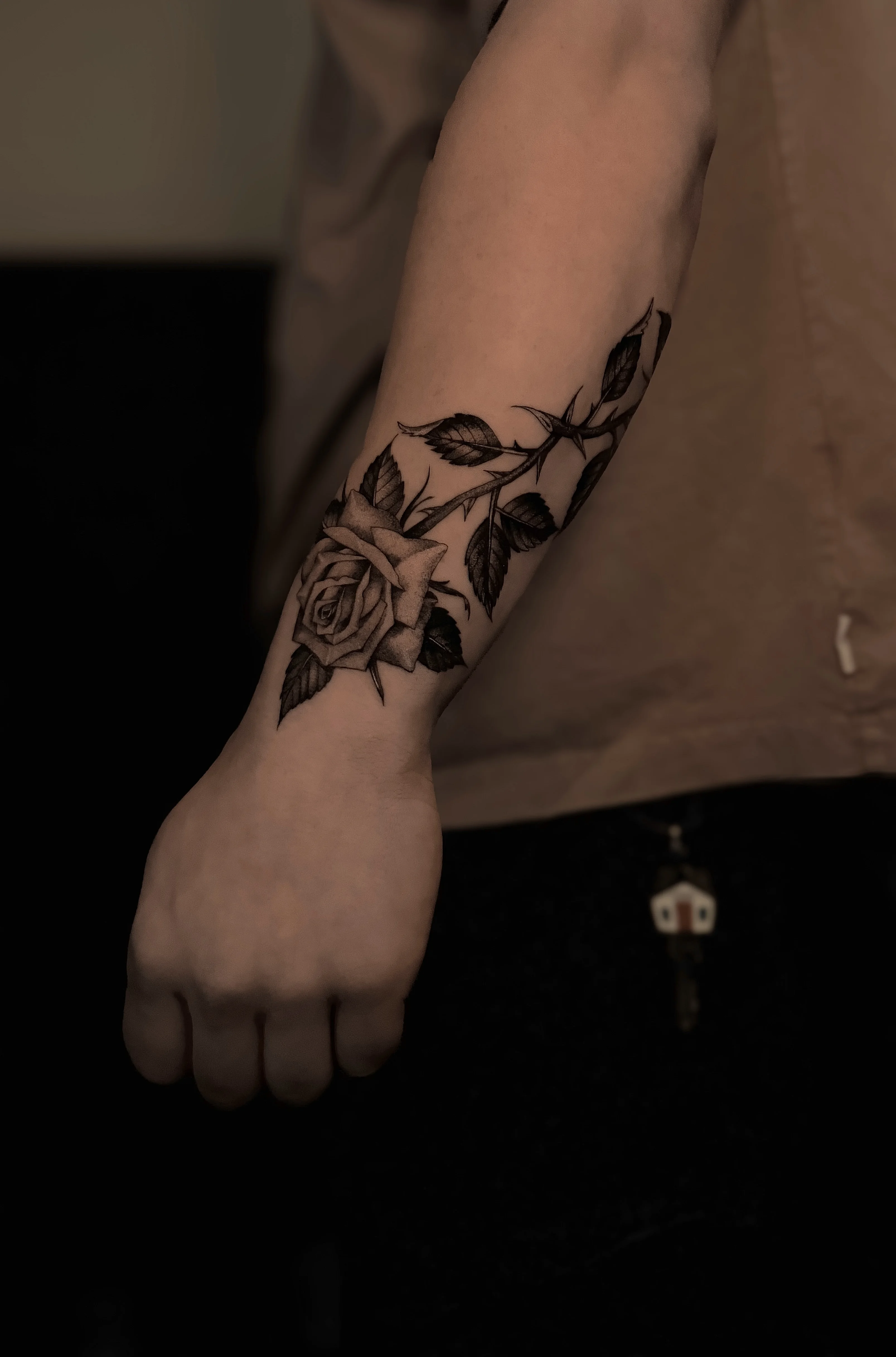 Black & Gray Realism tattoo by tattoo.naz777: rose, stem, thorns, leaves