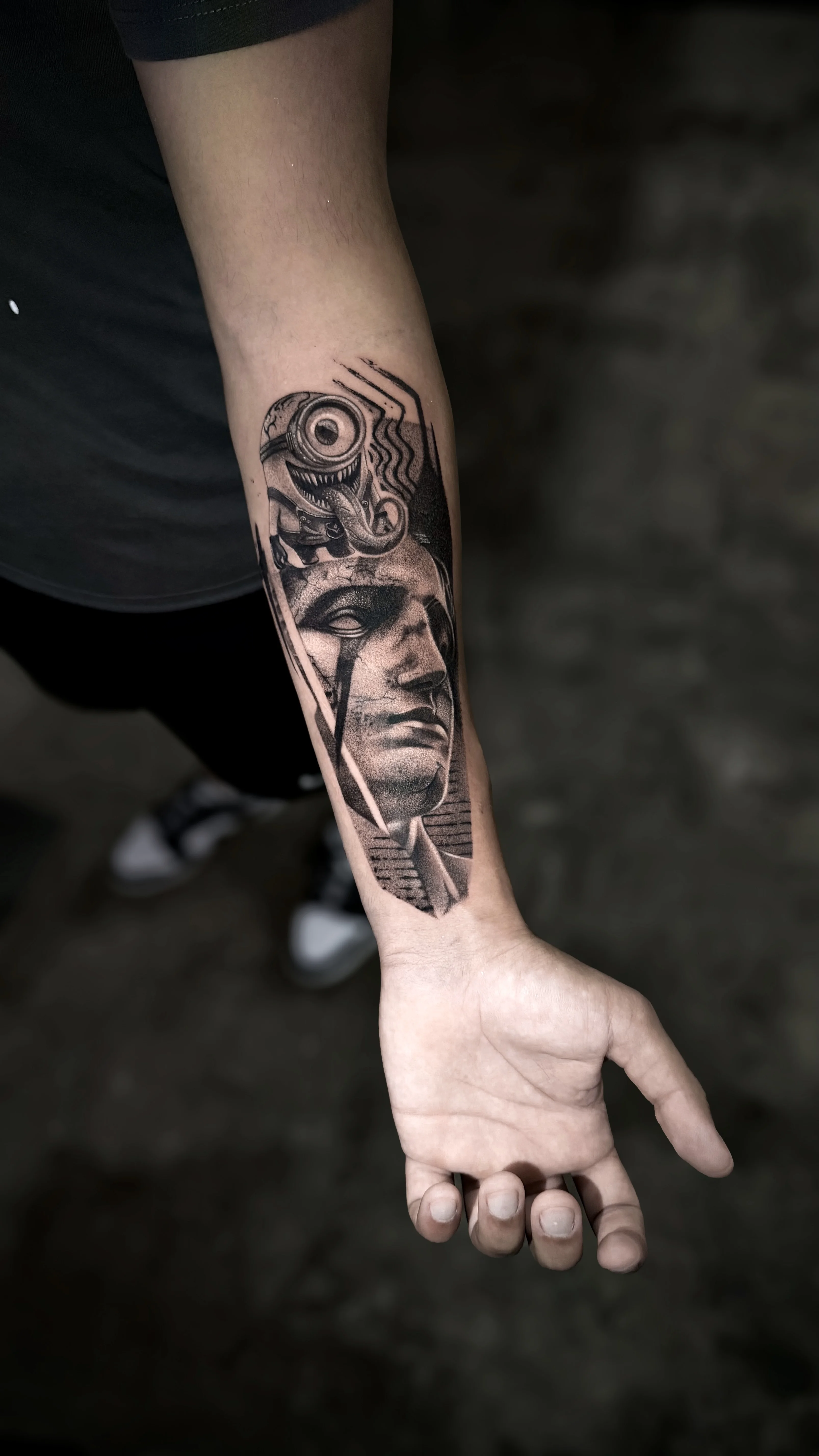 Surreal Statue Head Forearm: statue head, eye, abstract shapes, geometric lines, surrealism, abstract