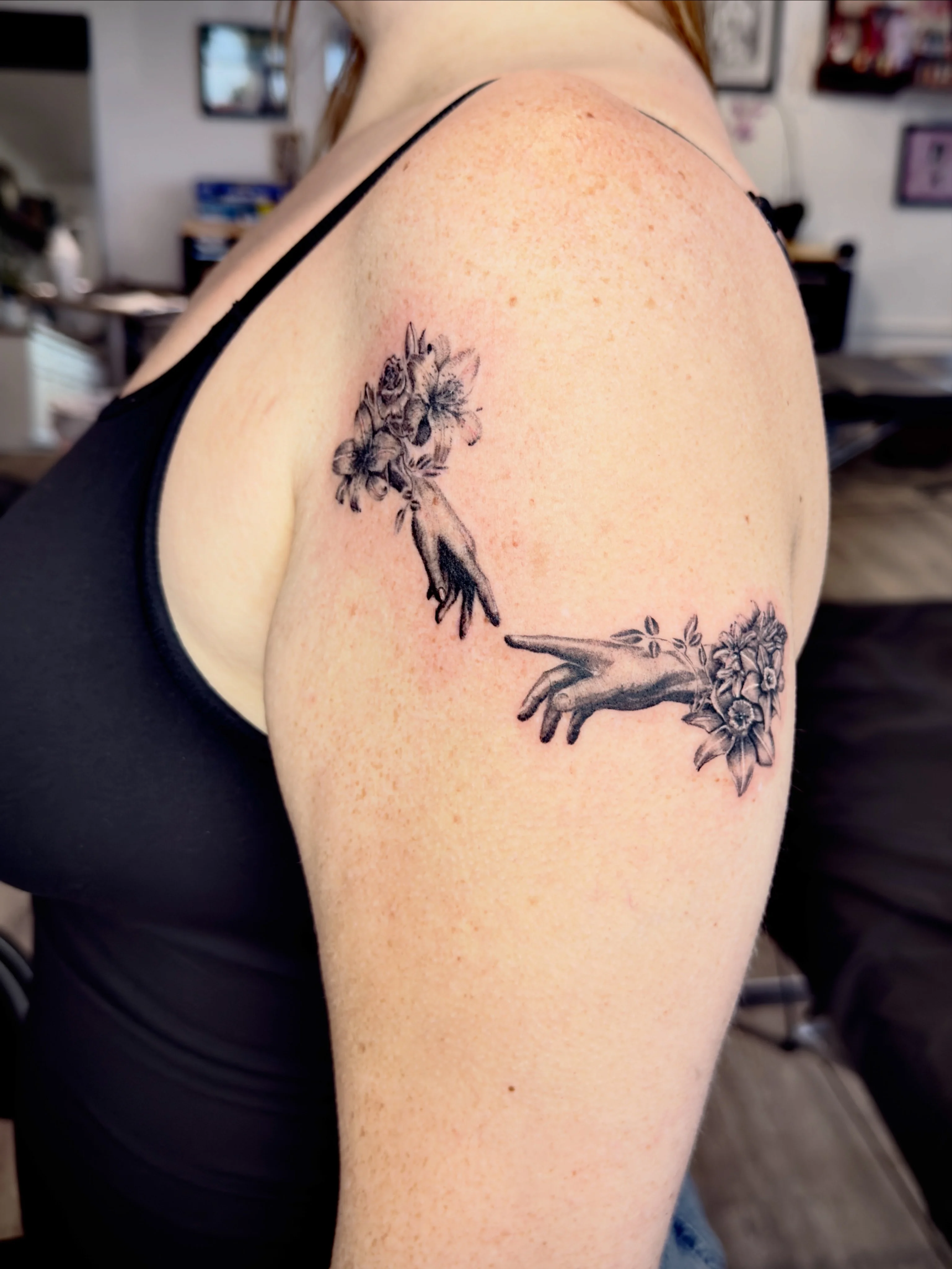Black & Gray Realism tattoo by Churry Tattoos: hand, flowers, rose, foliage