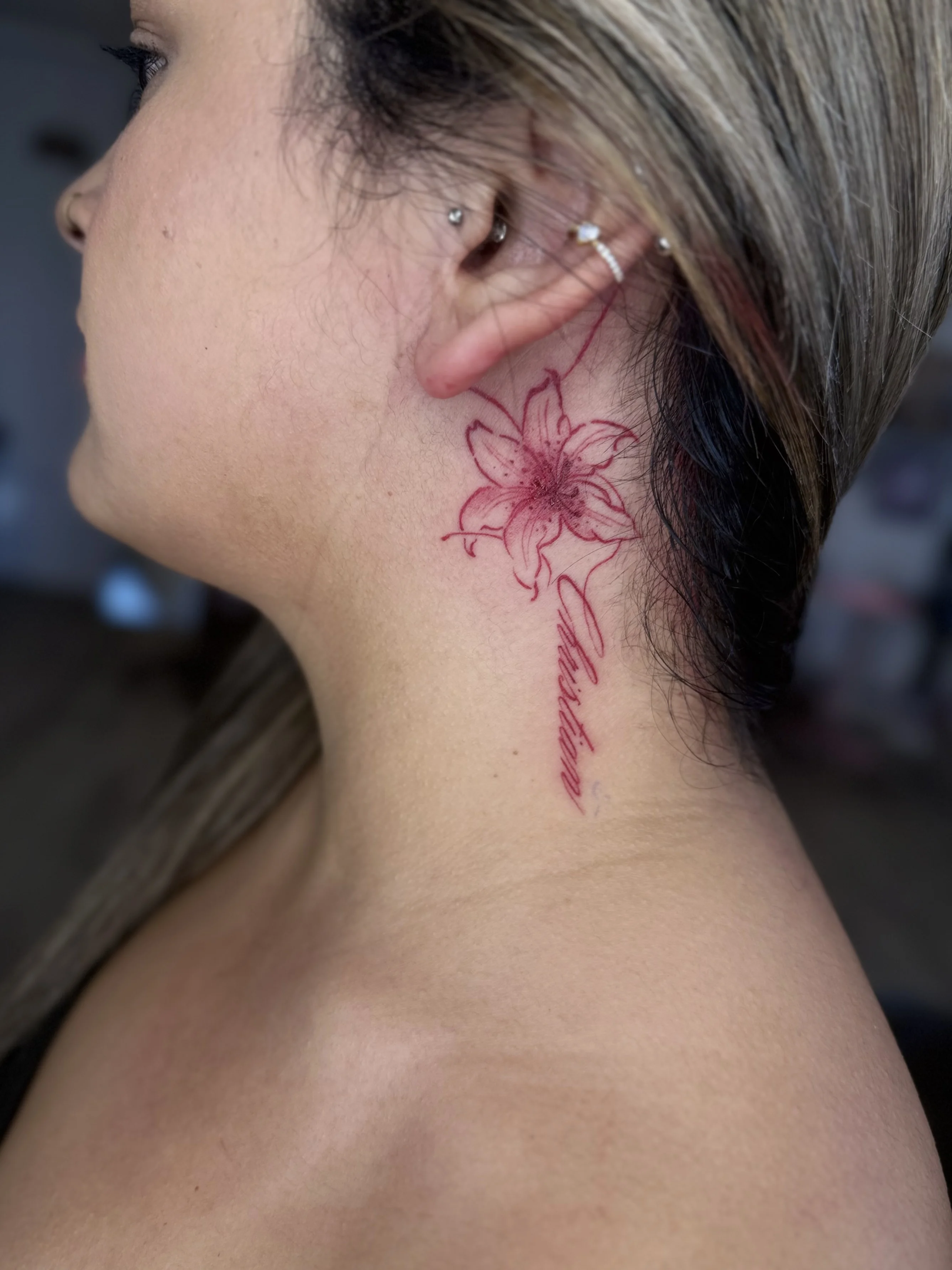 Fine Line tattoo by Churry Tattoos: lily flower, script text, floral, memorial