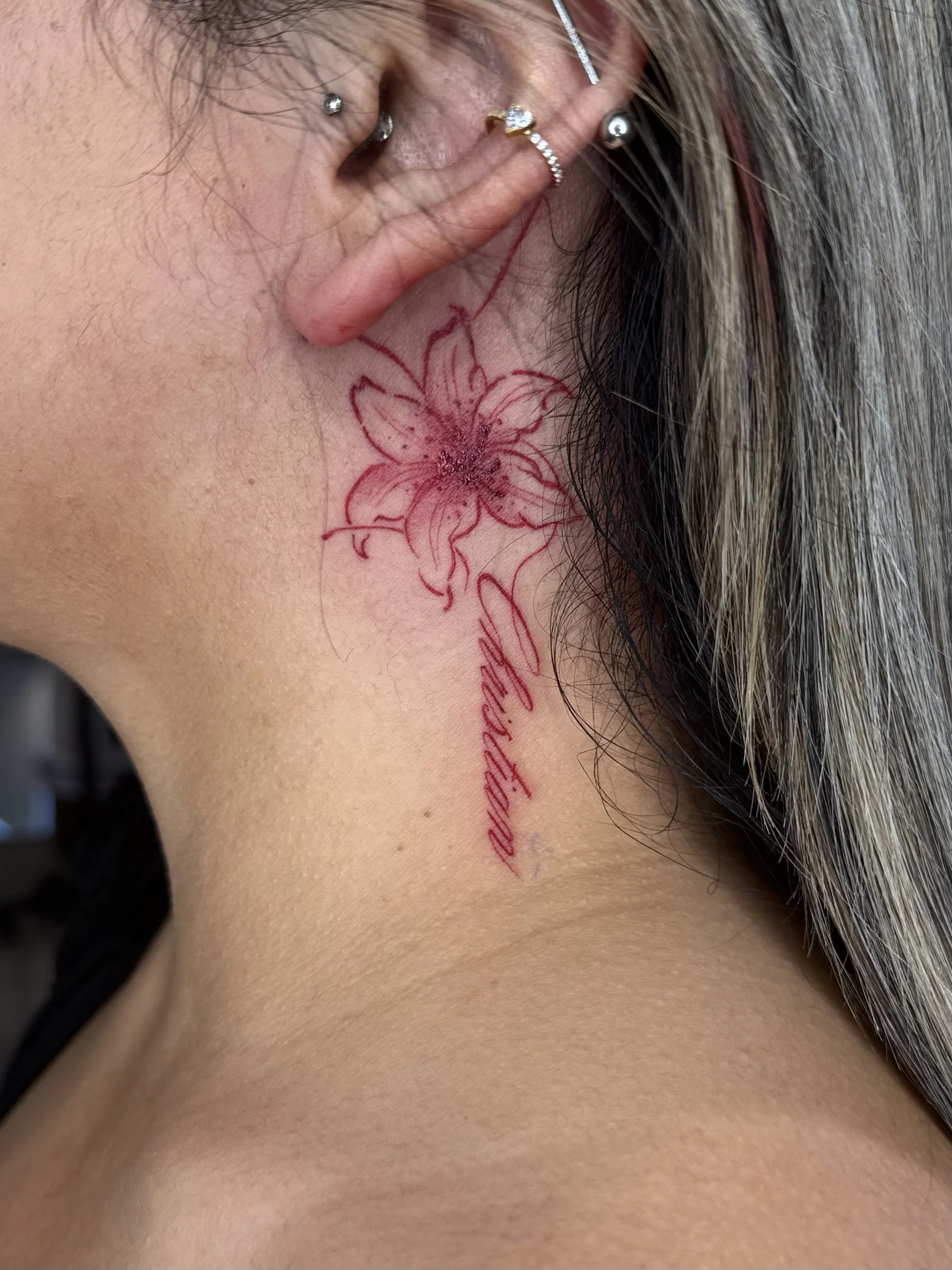 Fine Line tattoo by Churry Tattoos: lily flower, script text, floral, memorial