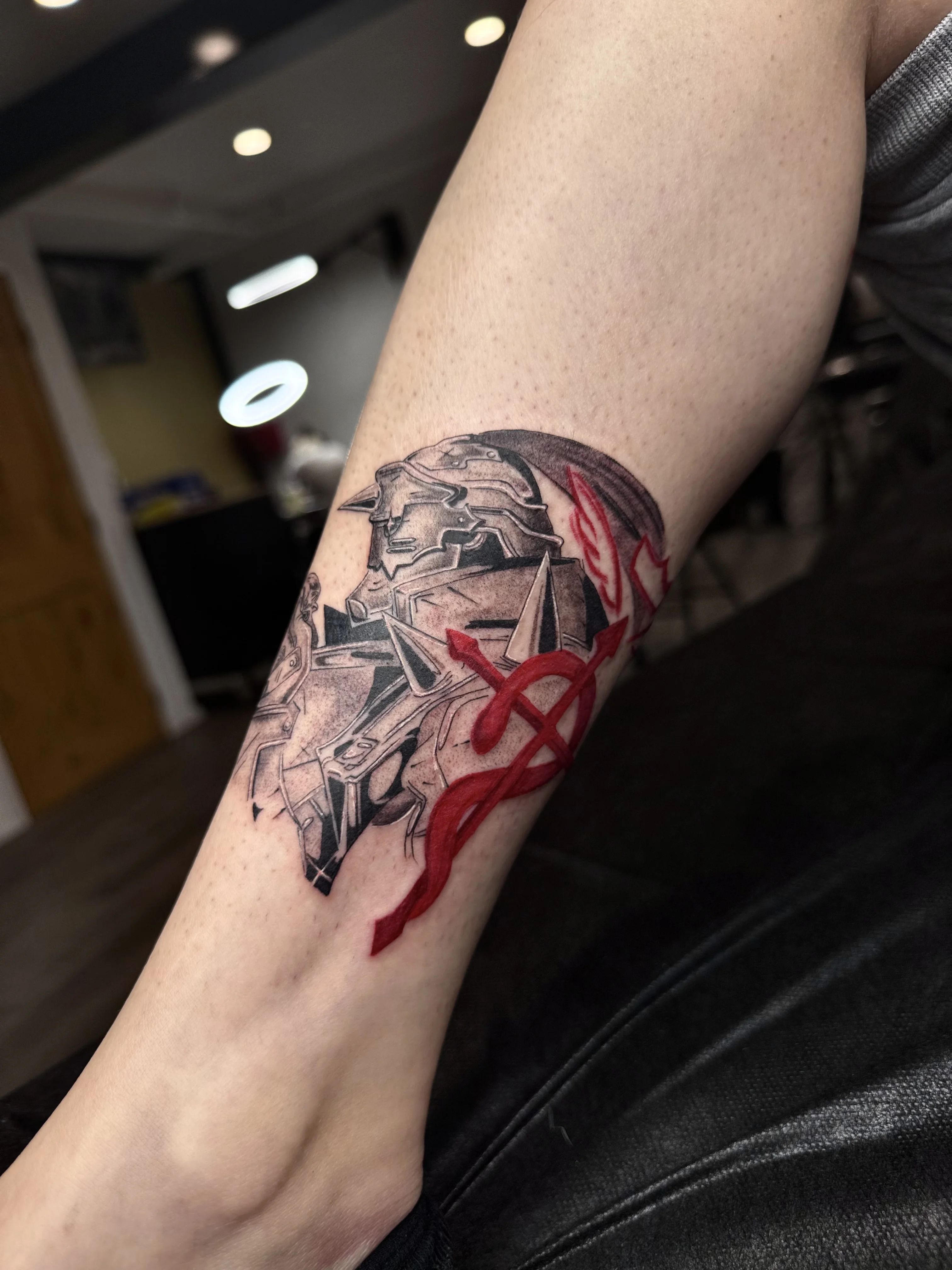 Black & Gray Realism tattoo by Churry Tattoos: knight, armor, sword, flame