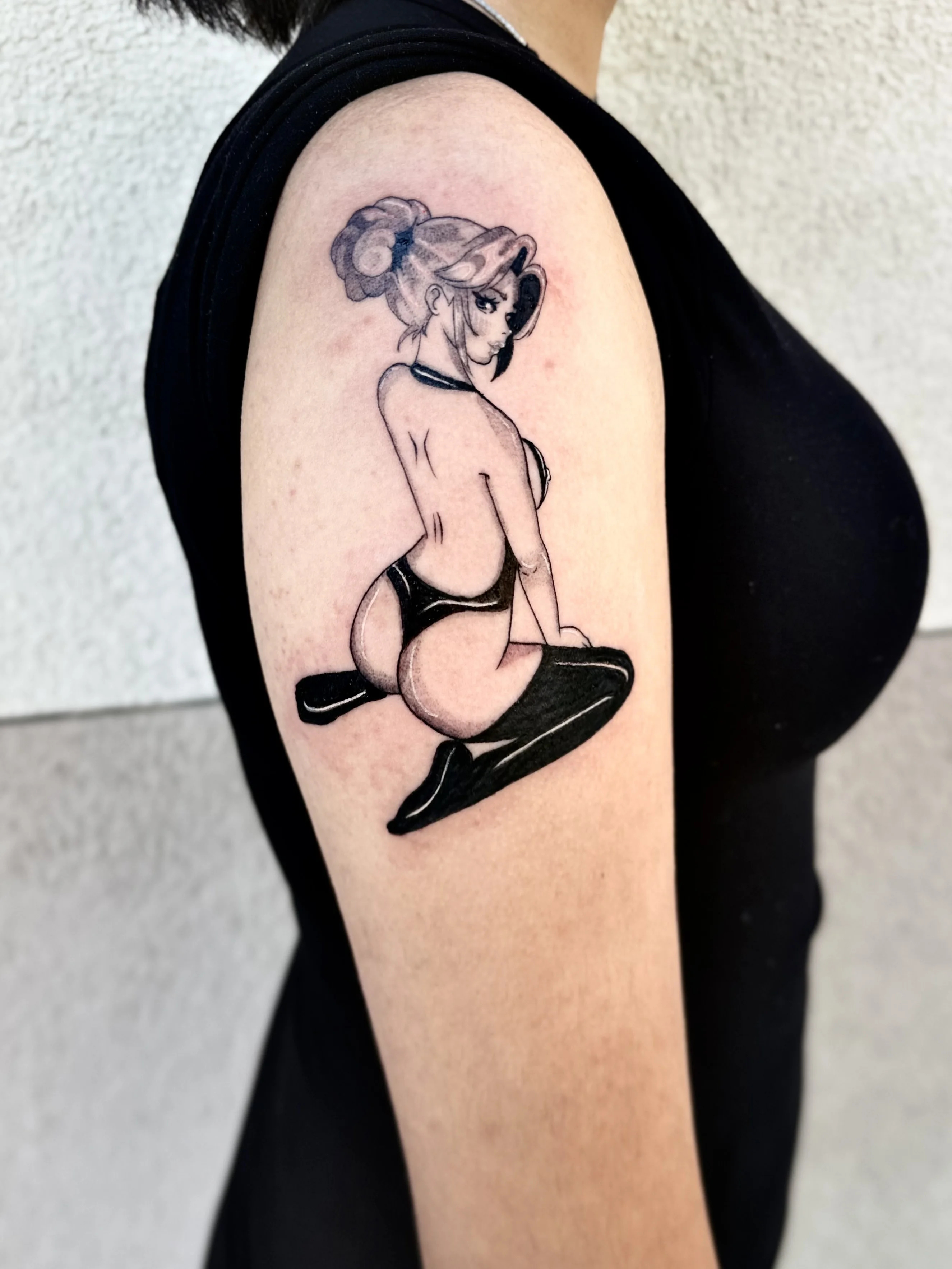 Anime tattoo by Churry Tattoos: anime girl, hair bun, bikini, boots