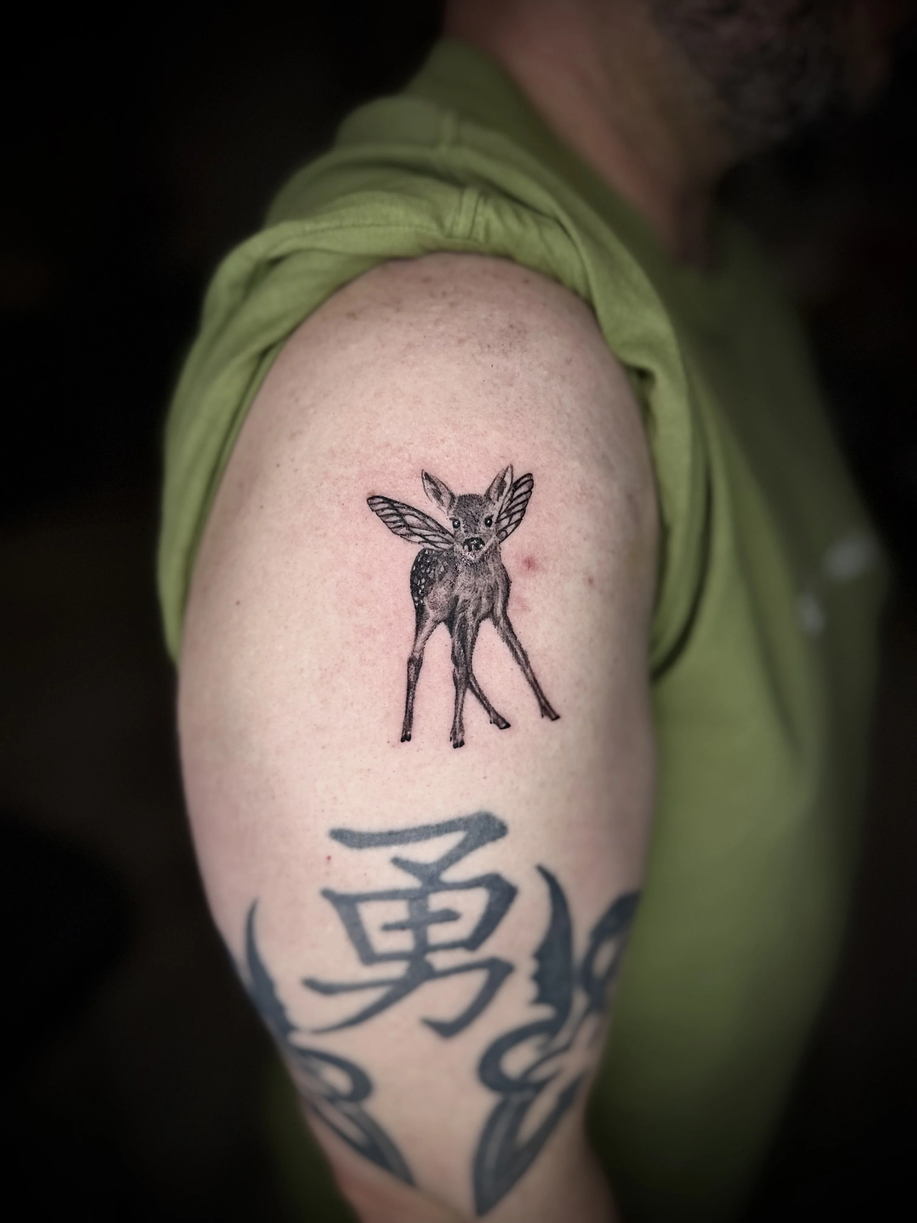 Black & Gray Realism tattoo by Churry Tattoos: deer, fairy wings, nature, fantasy