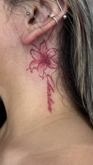Fine Line Red Lily Neck Tattoo