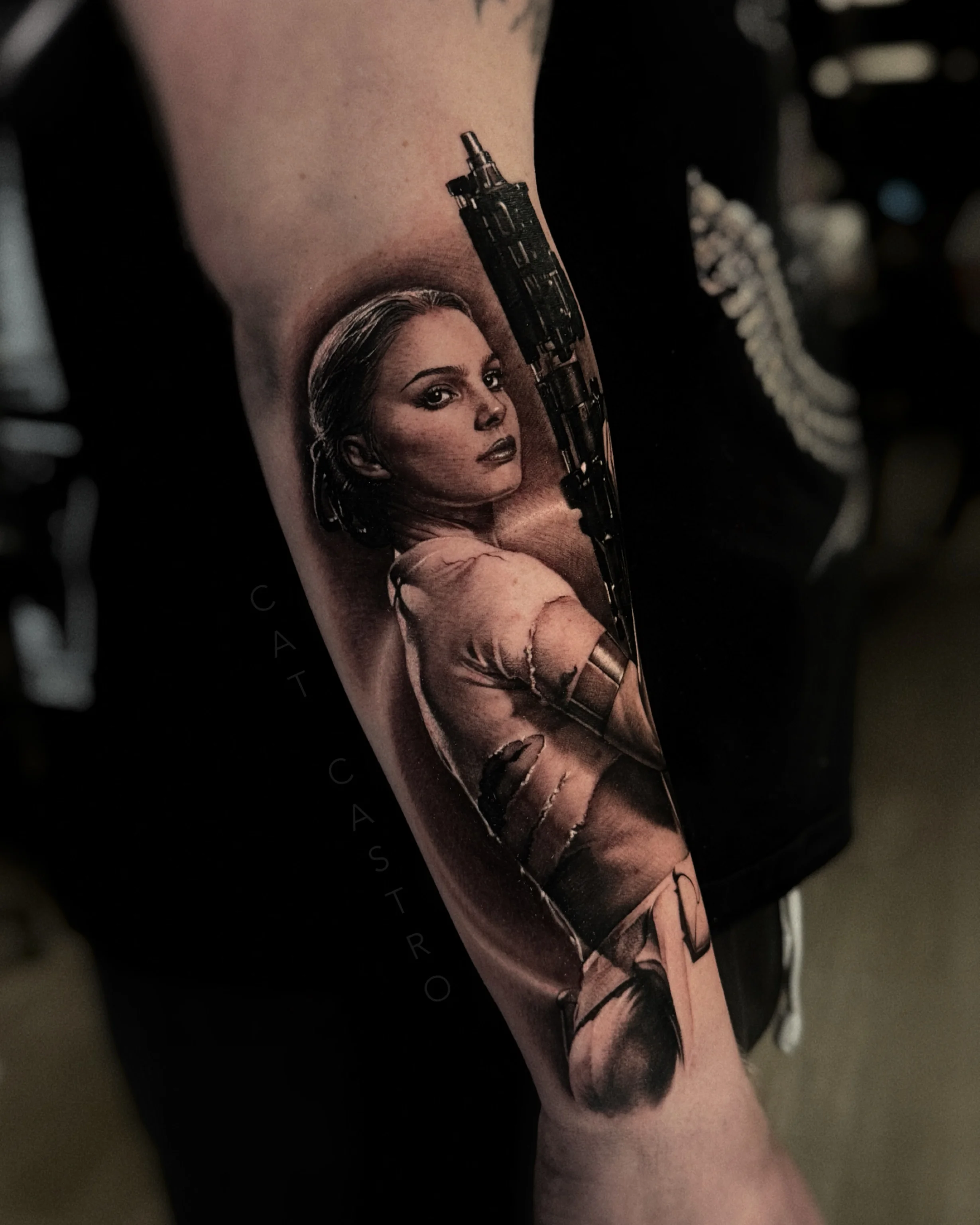 Black & Gray Realism tattoo by Cat Castro: woman, gun, portrait, realism