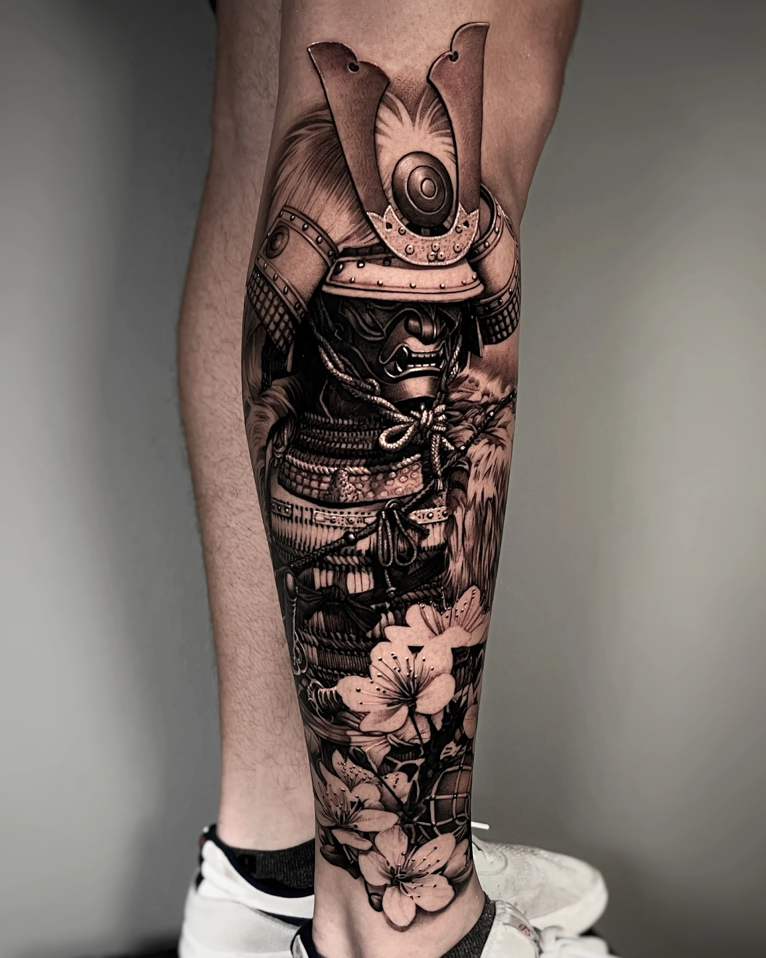 Black & Gray Realism tattoo by Cat Castro: samurai, armor, helmet, mask