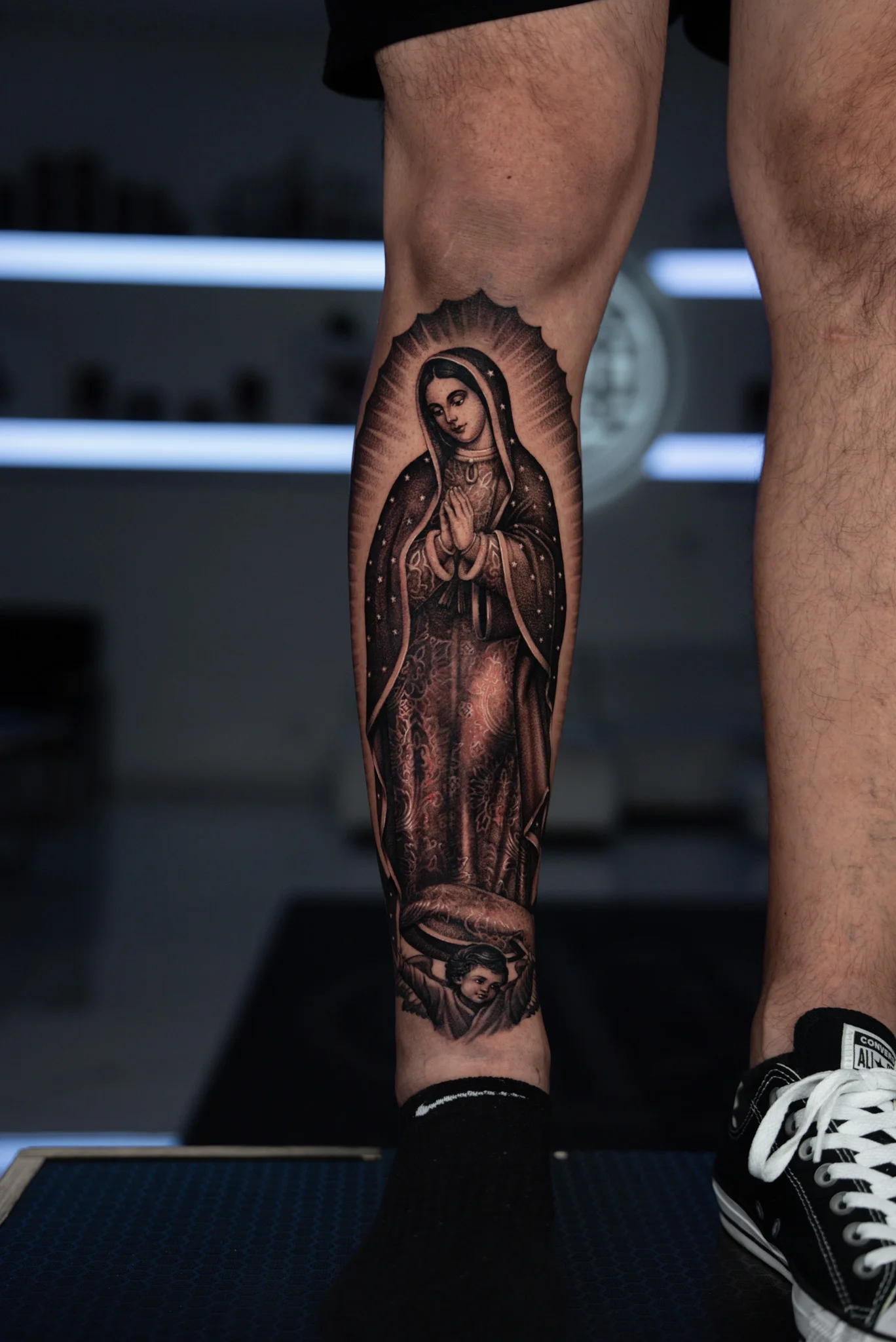 Black & Gray Realism tattoo by Cat Castro: virgin mary, halo, angel, religious
