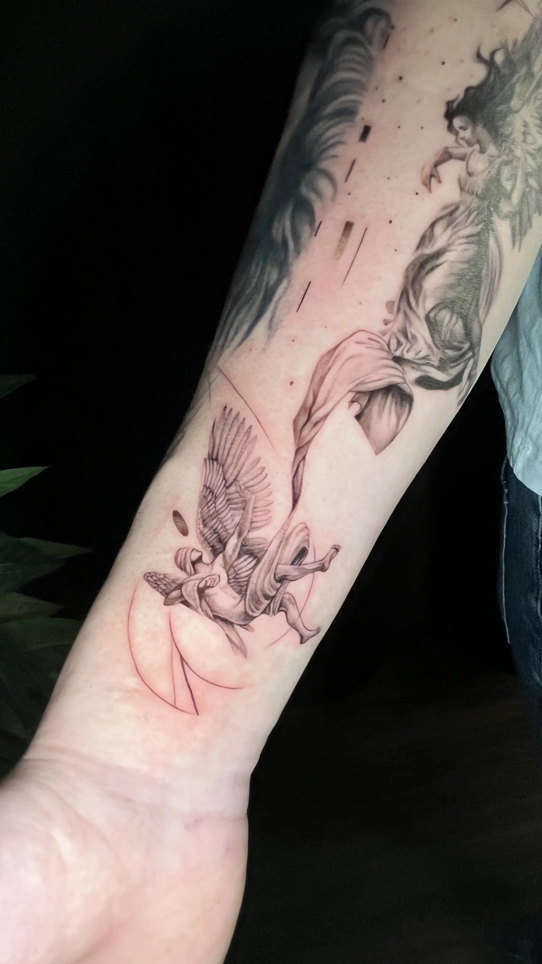Black & Gray Realism tattoo by Kerasu: angel, wings, cloth, bird