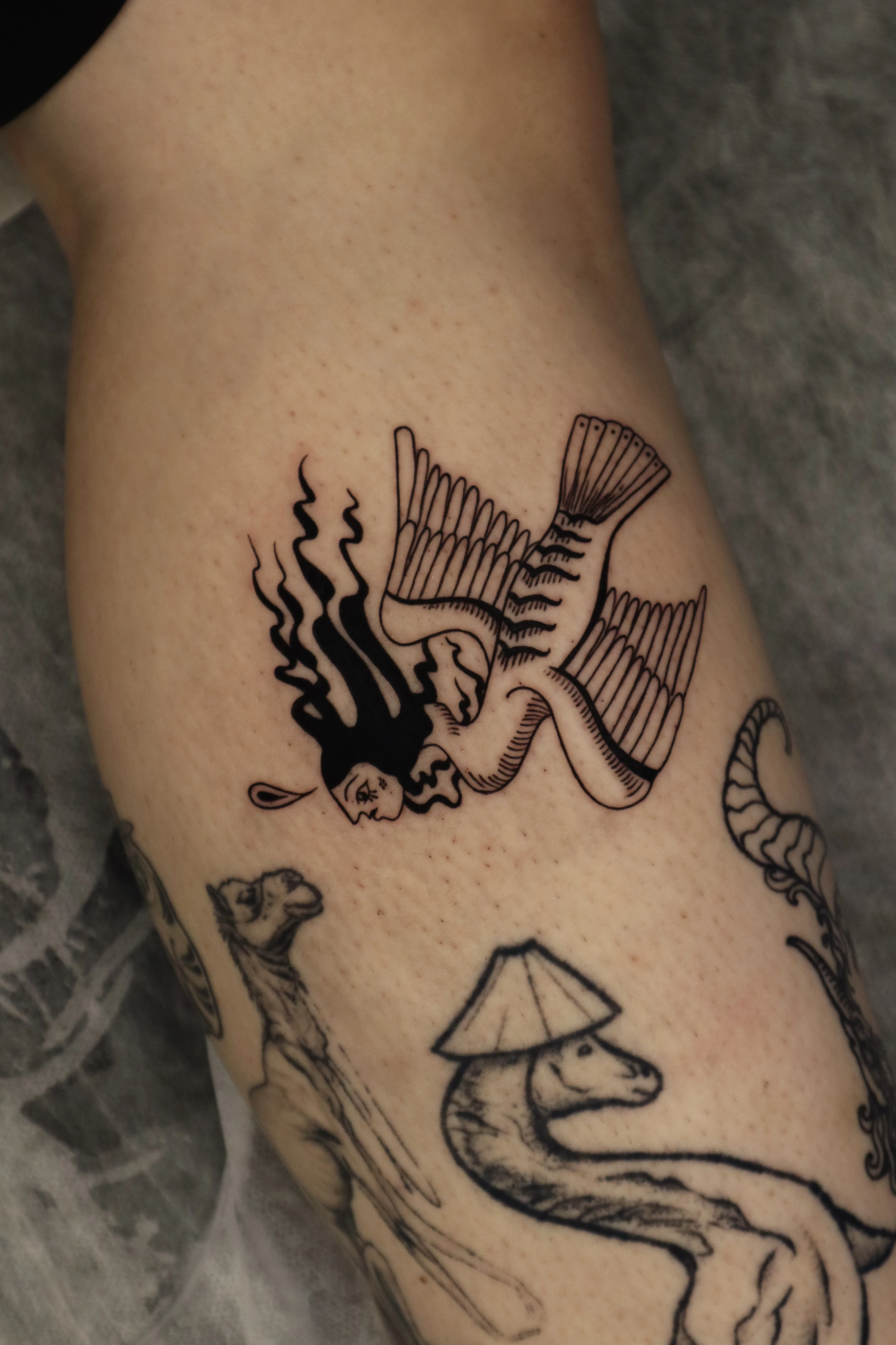 Bold Blackwork Mermaid Thigh Piece: mermaid, fish tail, woman, mythology, fantasy, nature