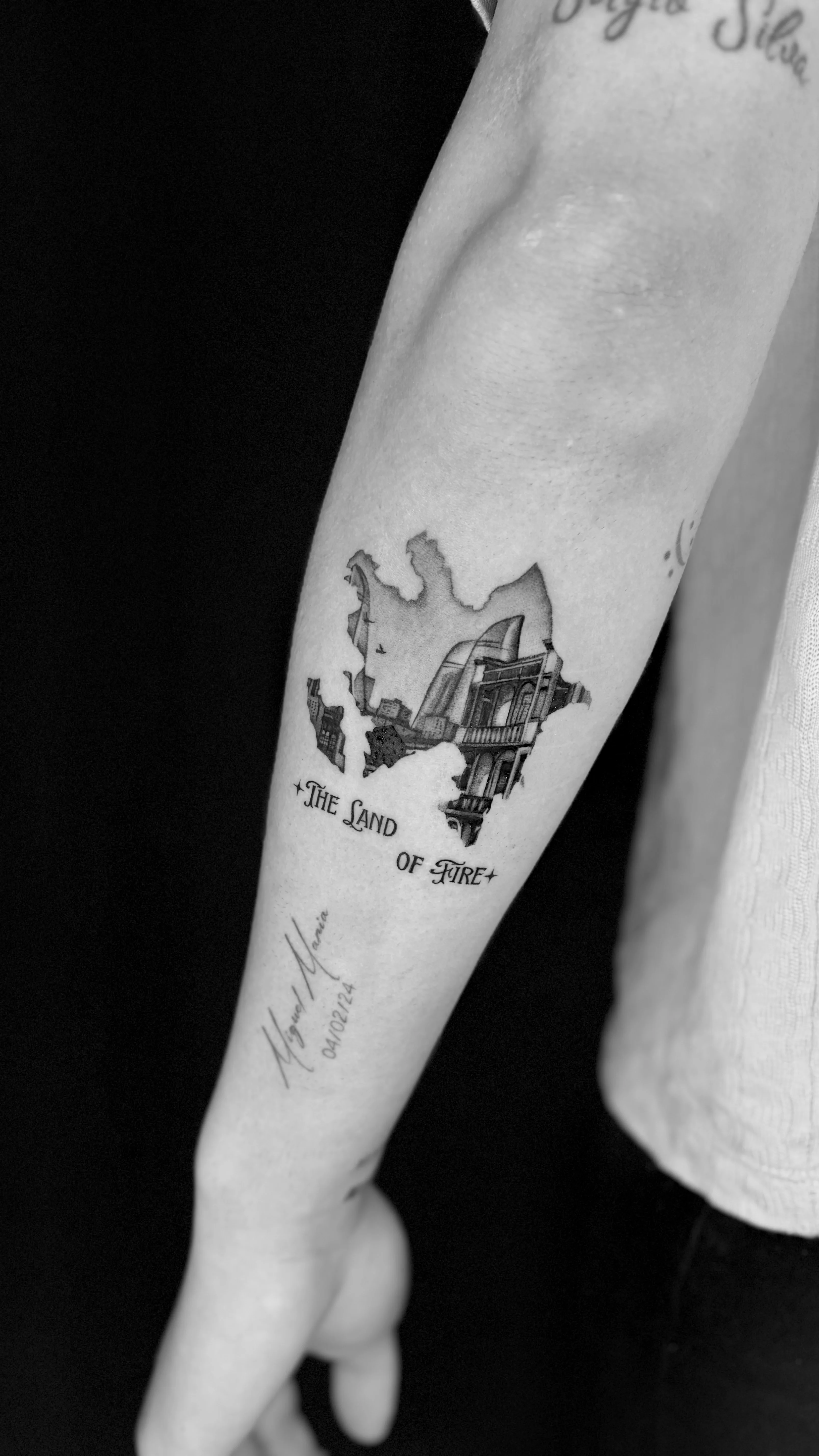 Black & Gray Realism tattoo by Kerasu: map, building, flagpole, geographical