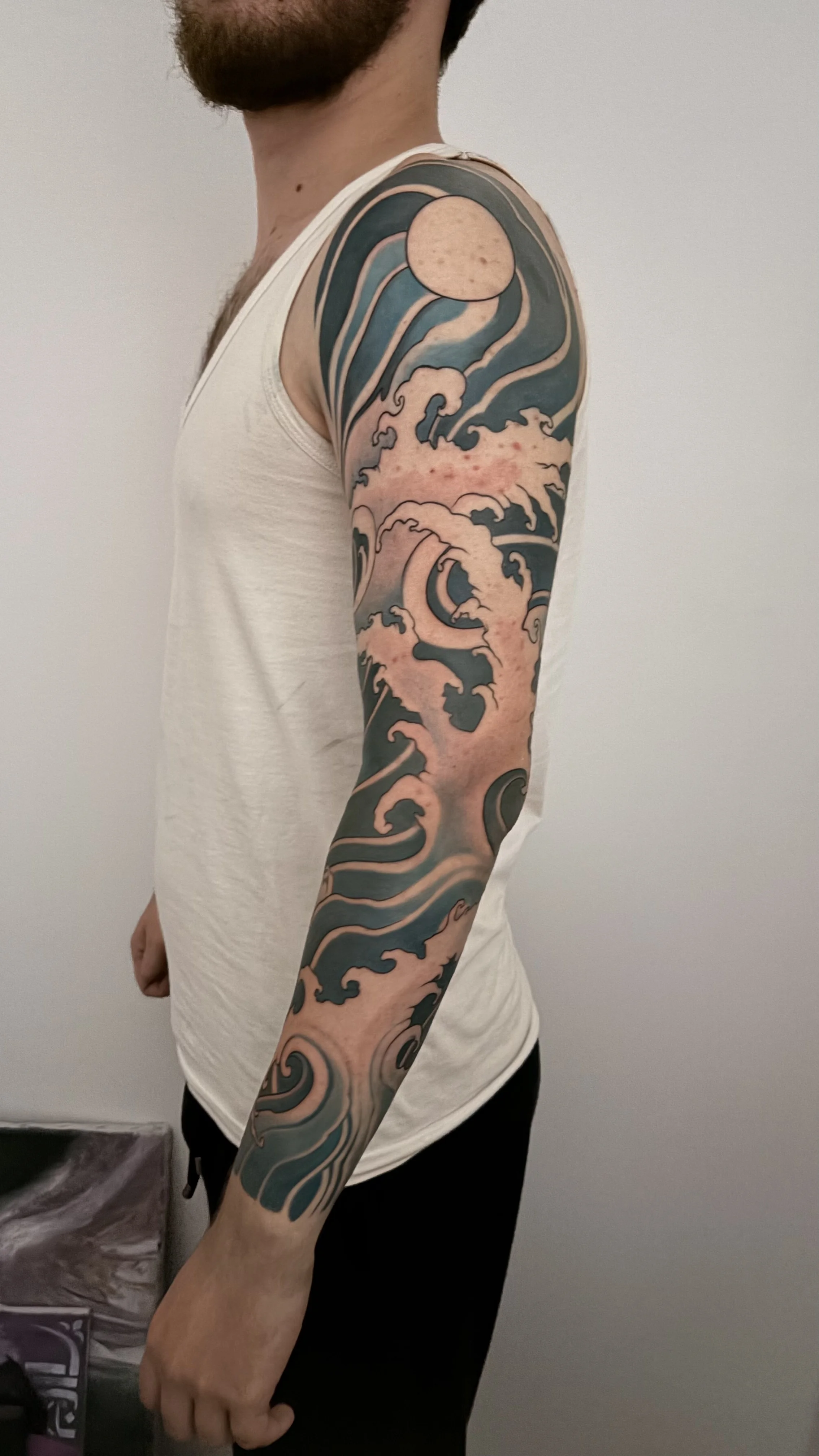 Bold Japanese Wave Full Sleeve: waves, moon, clouds, nature, water, spiritual