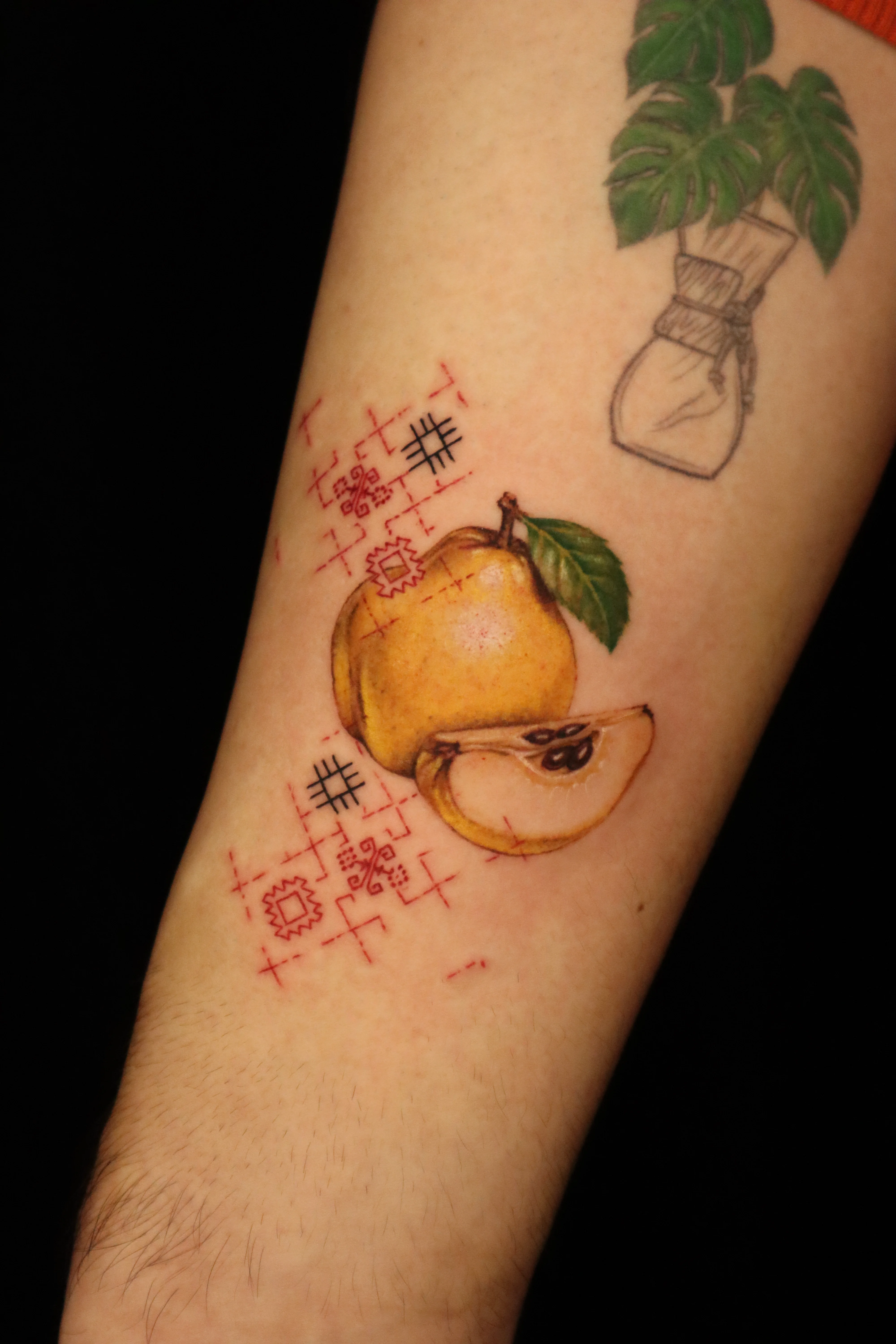 Color Realism tattoo by Kerasu: apple, apple slice, leaf, decorative pattern