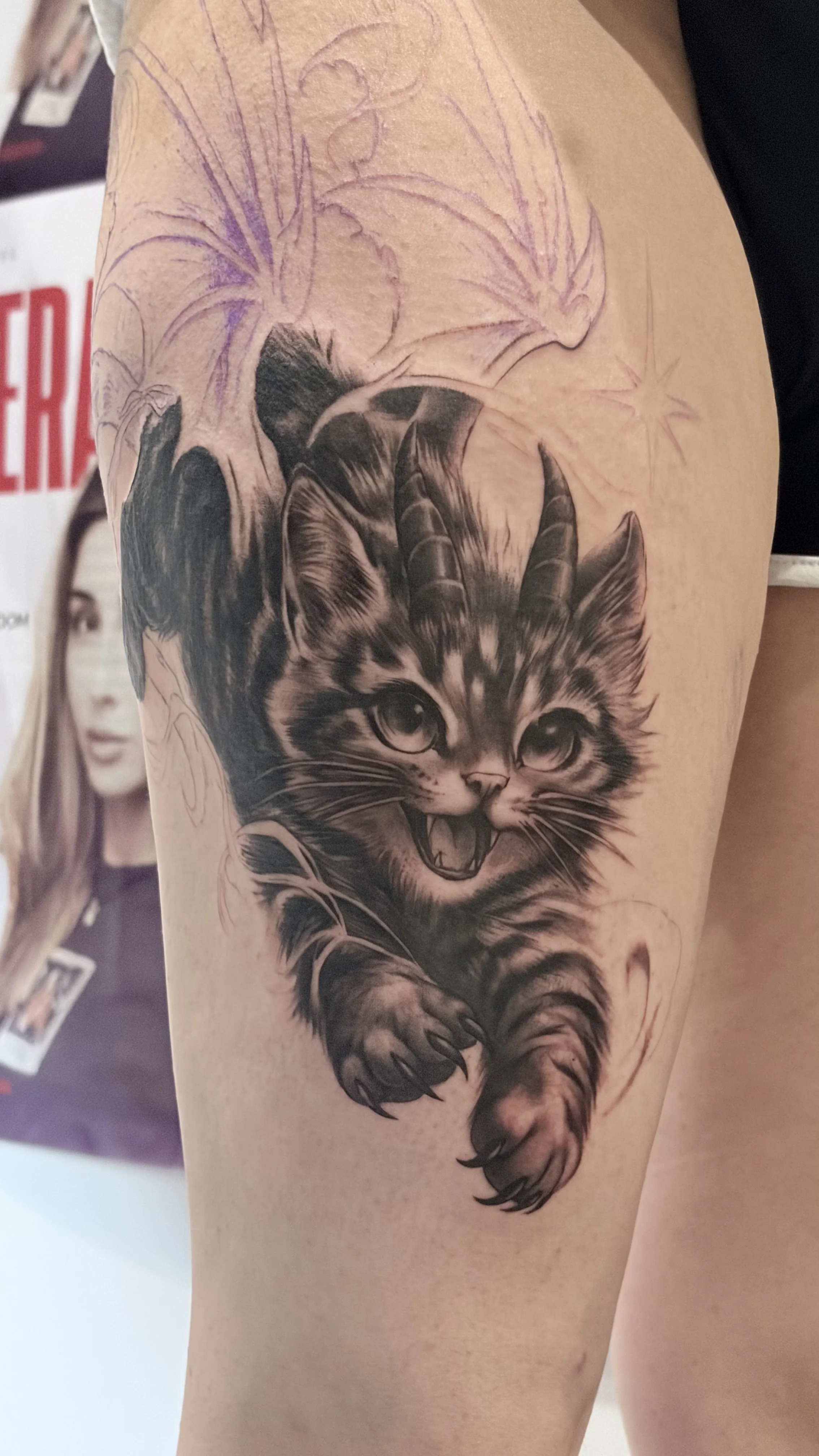 Black & Gray Realism tattoo by Kerasu: kitten, horns, mythology, animal