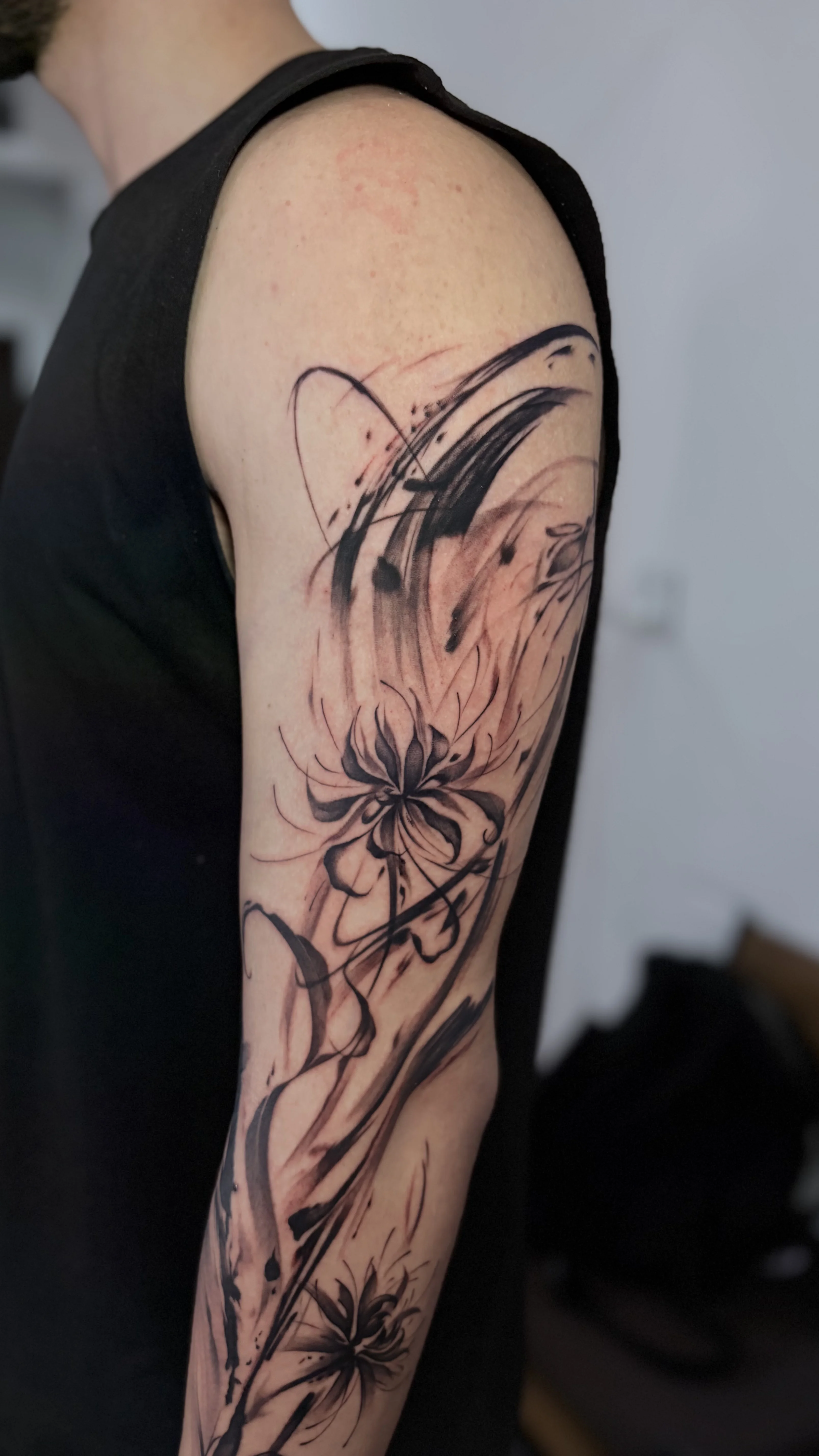 Abstract Floral Blackwork Full Sleeve: flowers, stems, abstract brush strokes, floral, nature, abstract