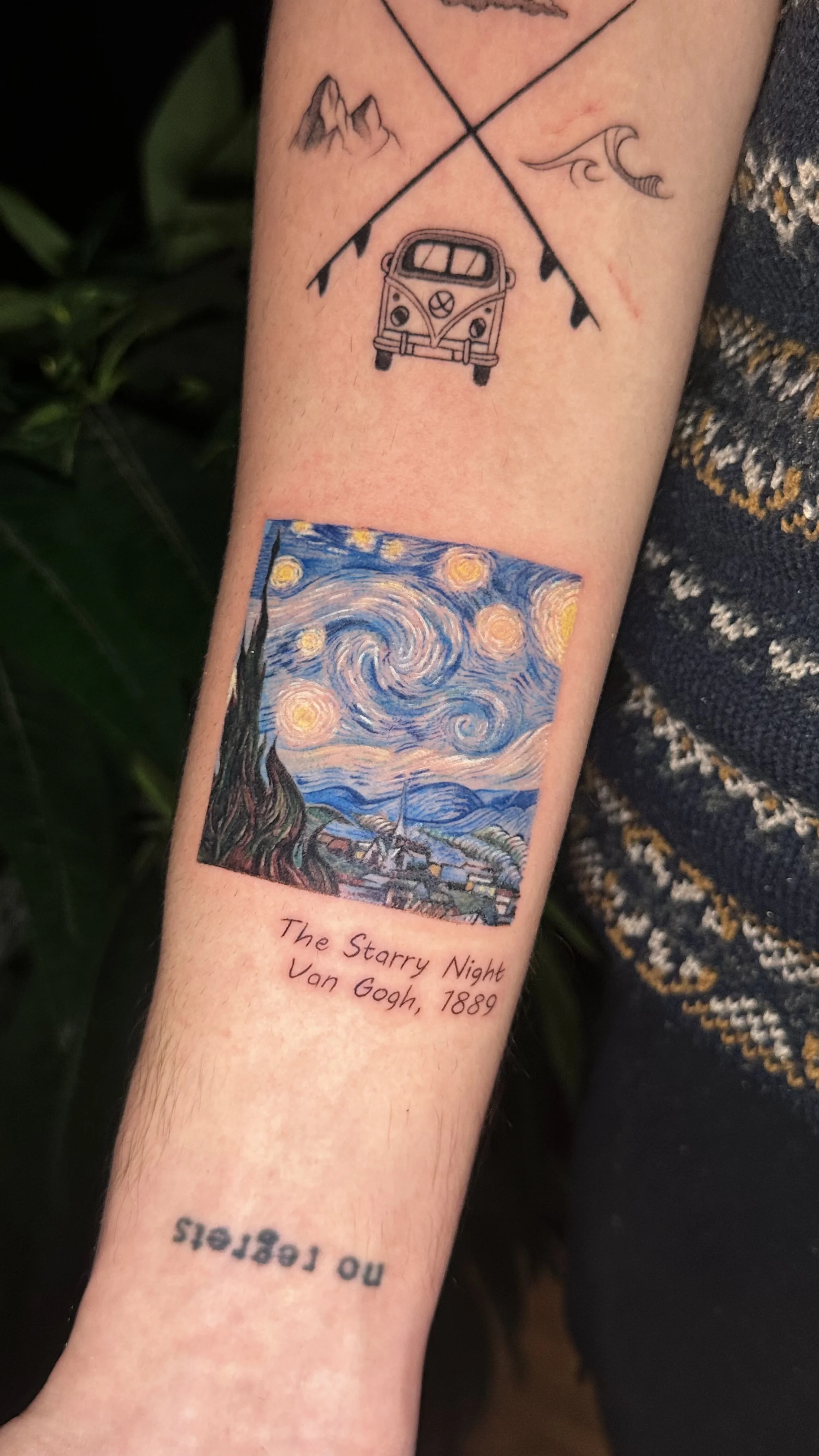 The Starry Night Forearm Art: the starry night painting, stars, swirling sky, moon, village, tree