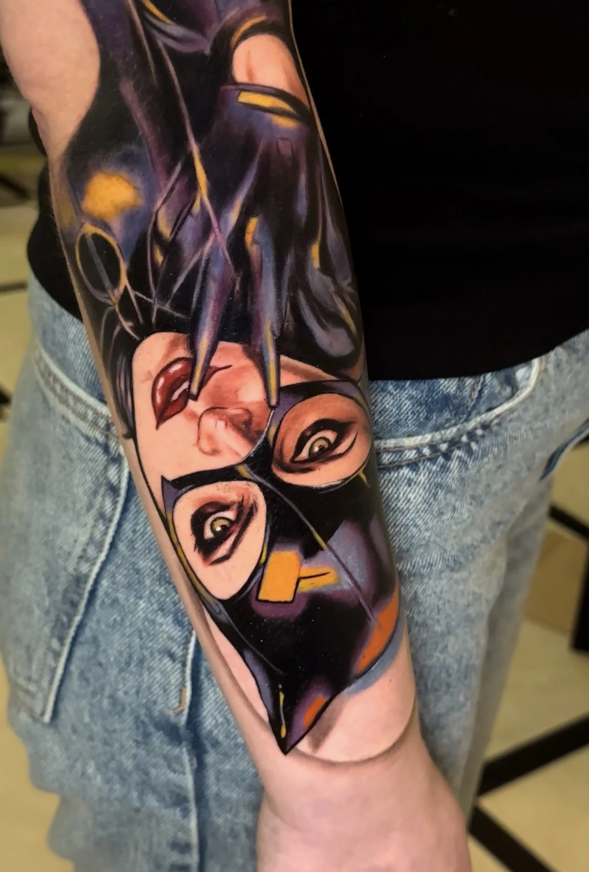 Color Realism Woman Mask Forearm: woman, masked face, eyes, gloved hand, red lips, pop culture