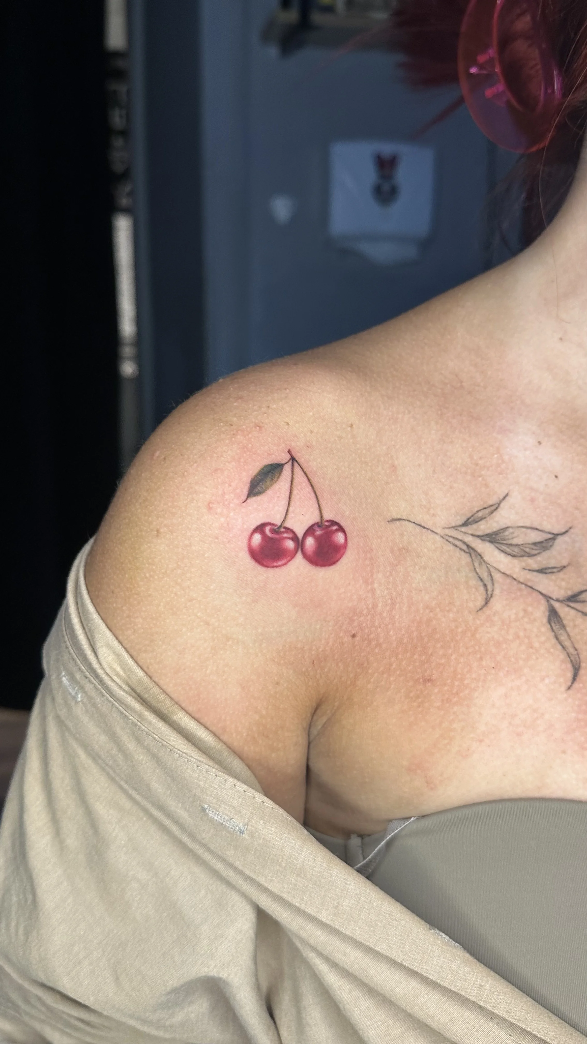 Color Realism tattoo by Kerasu: cherry, leaf, branch, nature