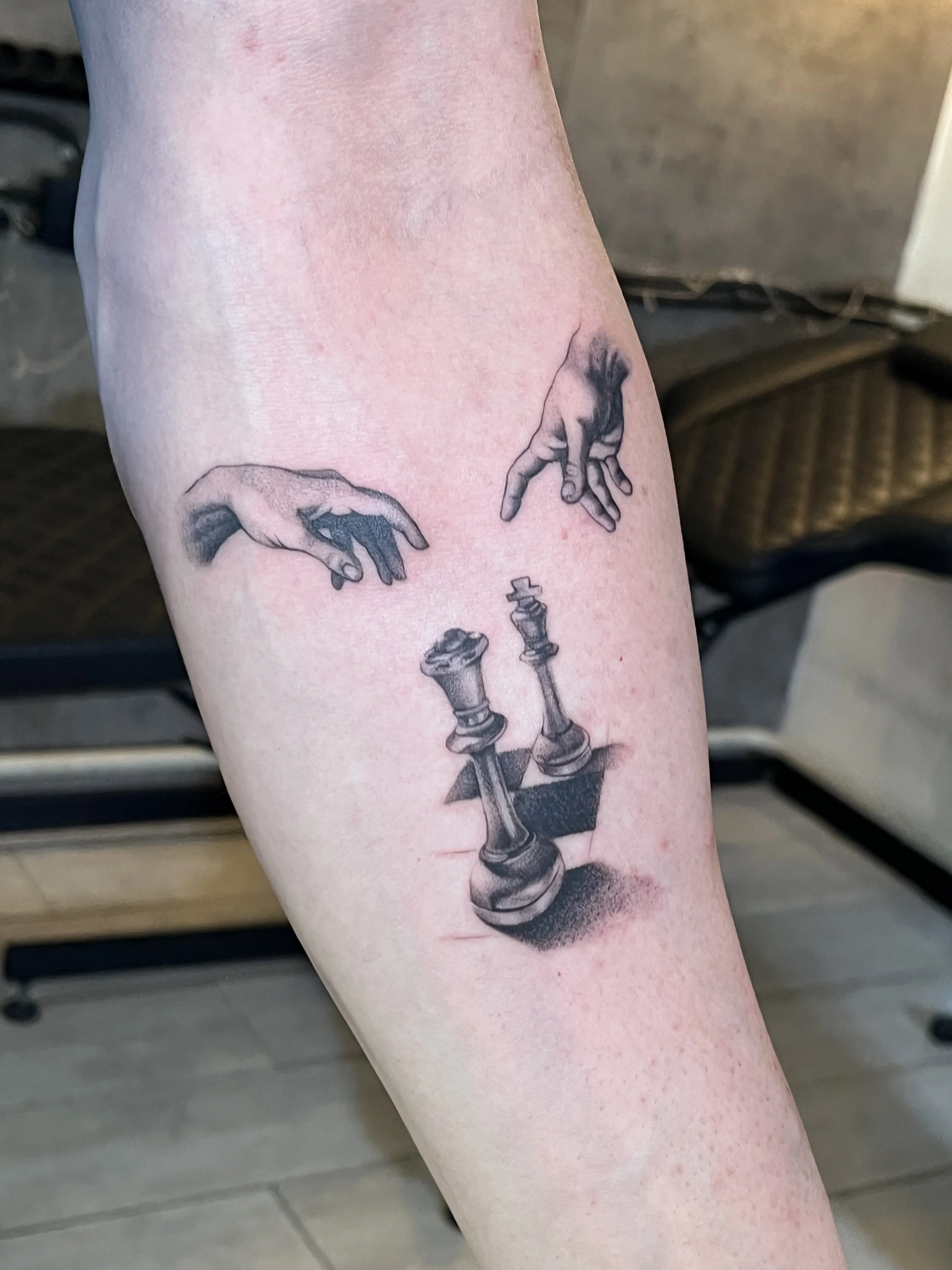 Realistic Hands and Chess Pieces: hand, king chess piece, queen chess piece, chess, symbolism, realism