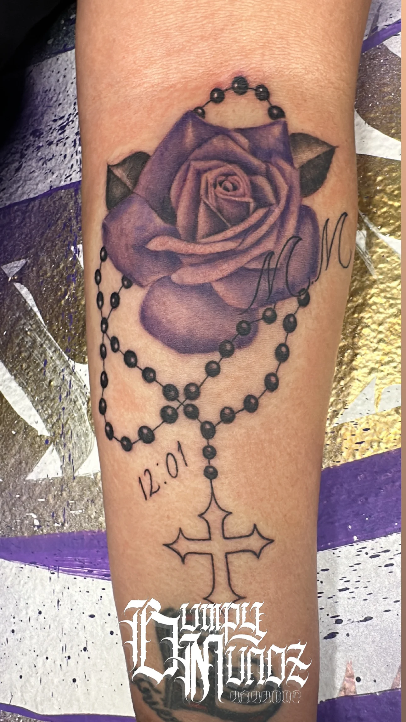 Neo-Traditional tattoo by Bumpy Munoz: rose, rosary, cross, leaves