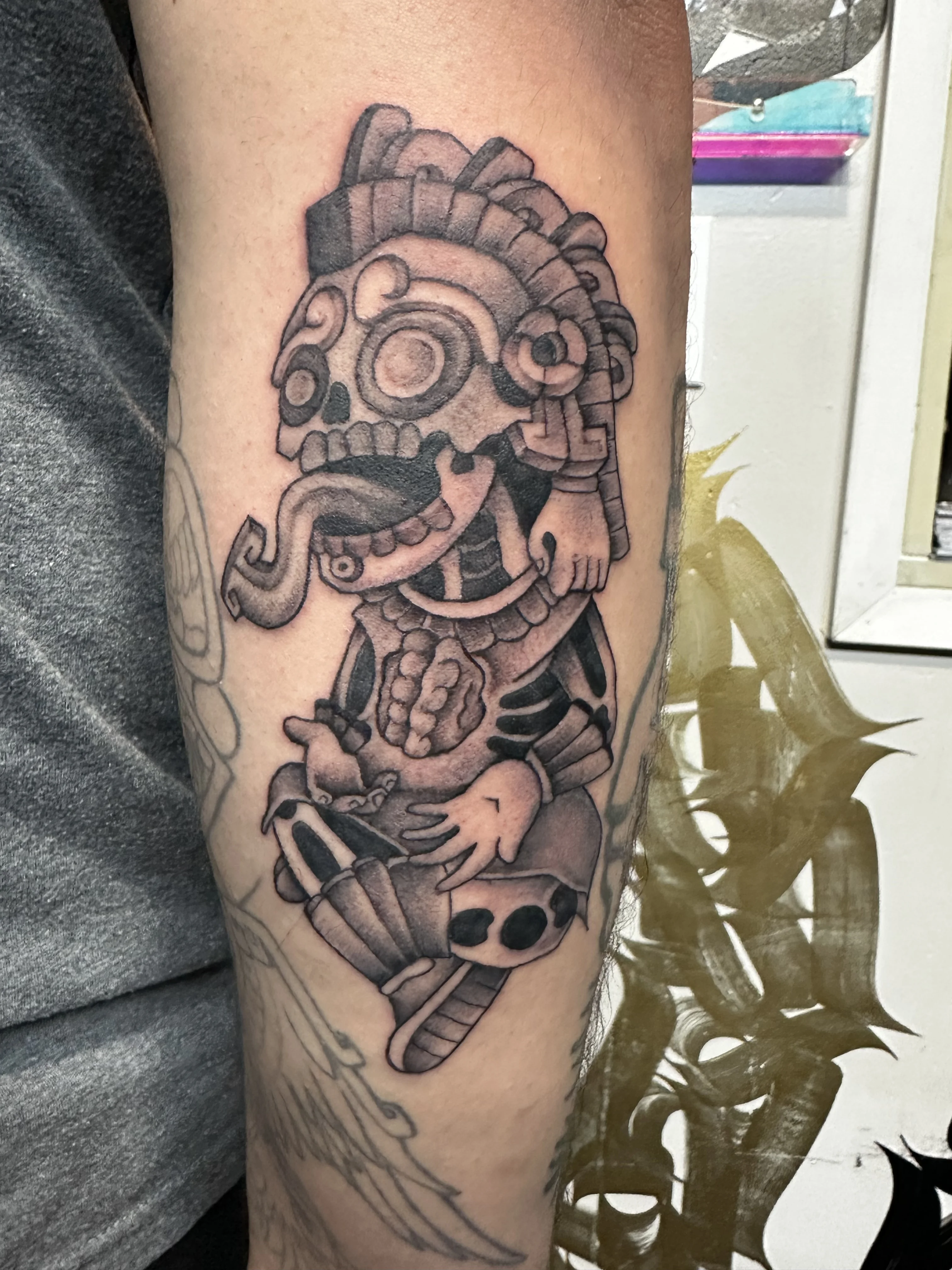 Black & Gray Realism tattoo by Bumpy Munoz: skull, skeleton, headdress, bracelets