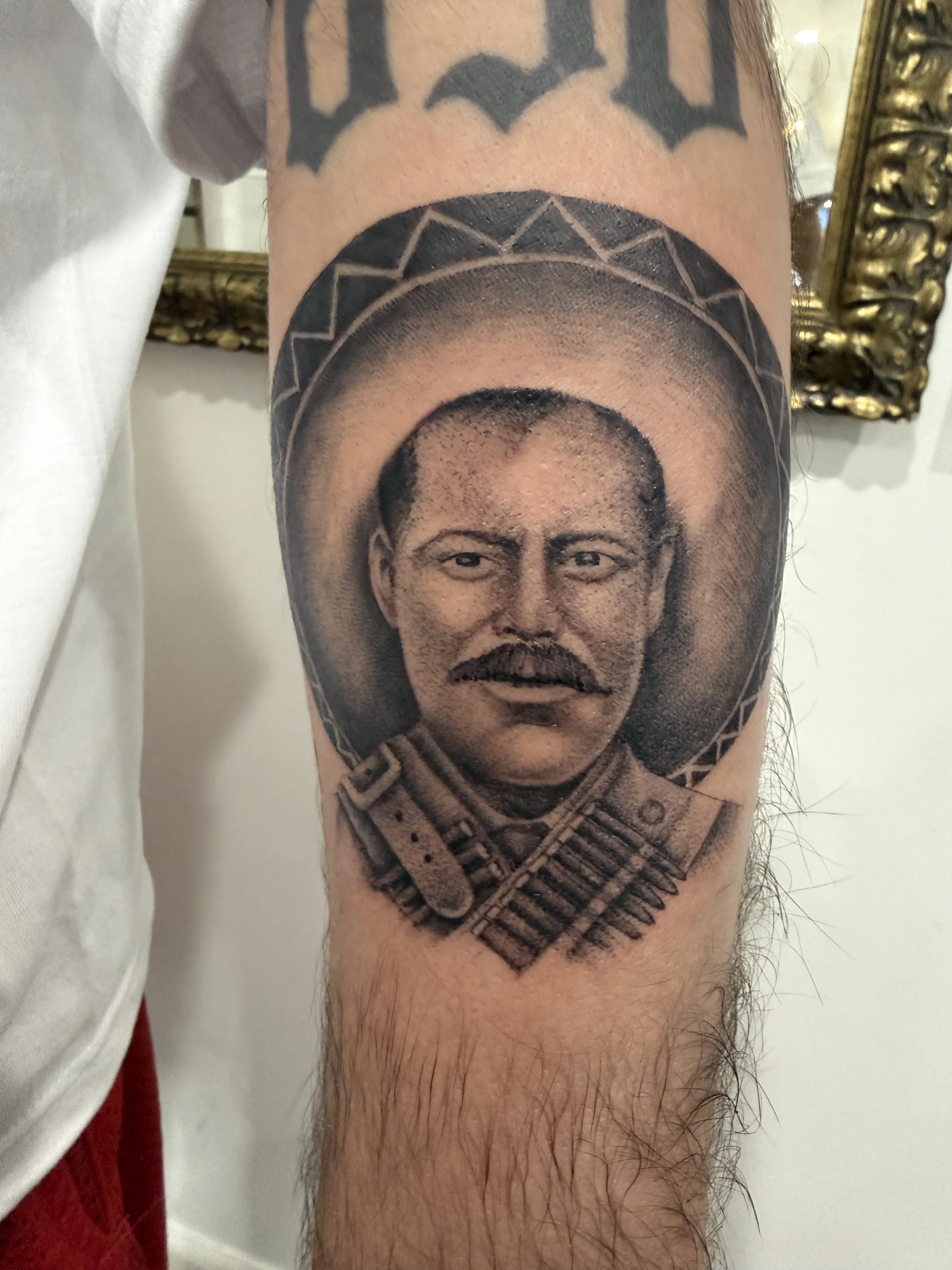 Black & Gray Realism tattoo by Bumpy Munoz: portrait, man, mustache, sombrero
